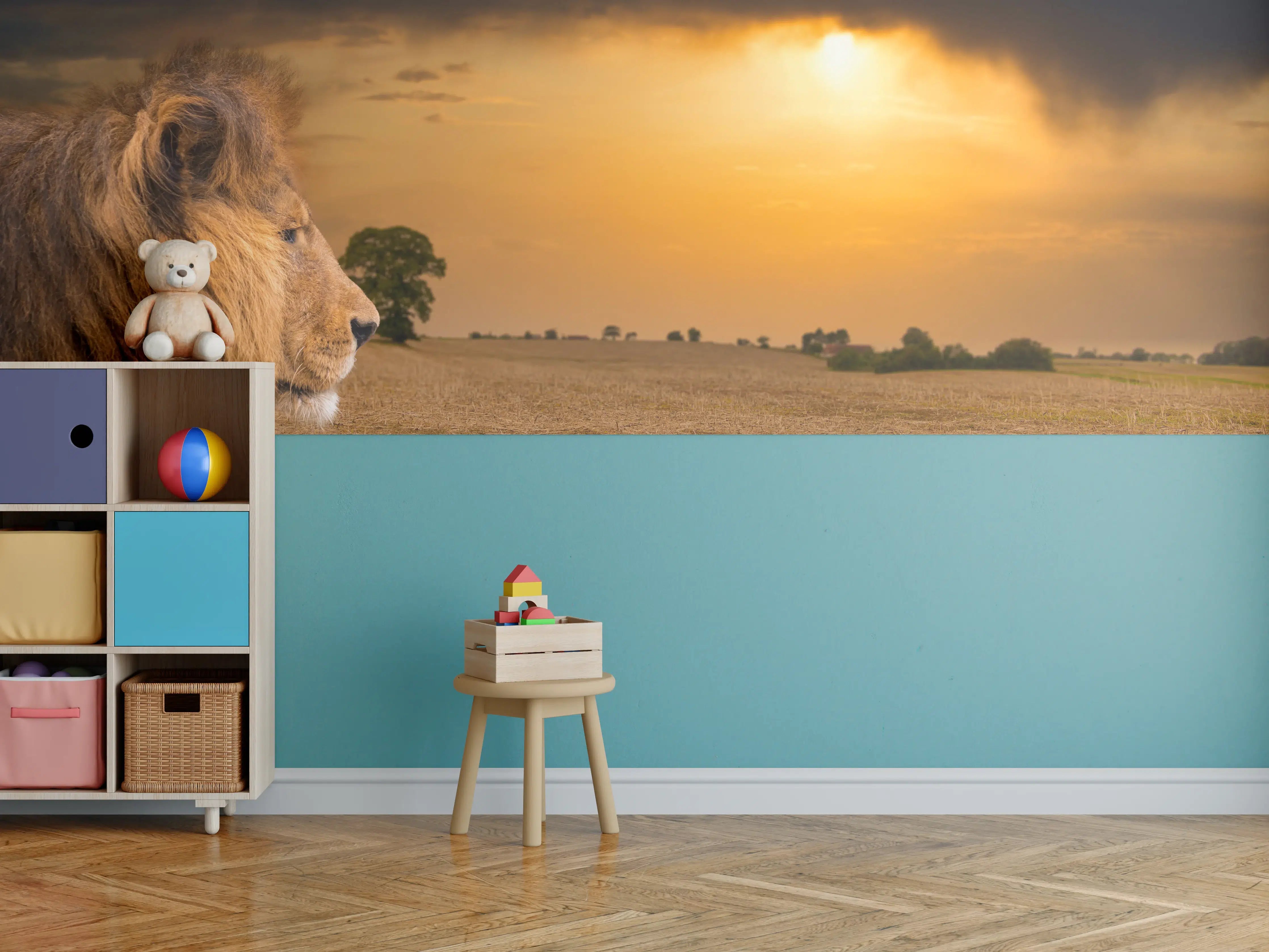 Kinderzimmer Wandgestaltung - Löwe in Steppe im Sonnenuntergang