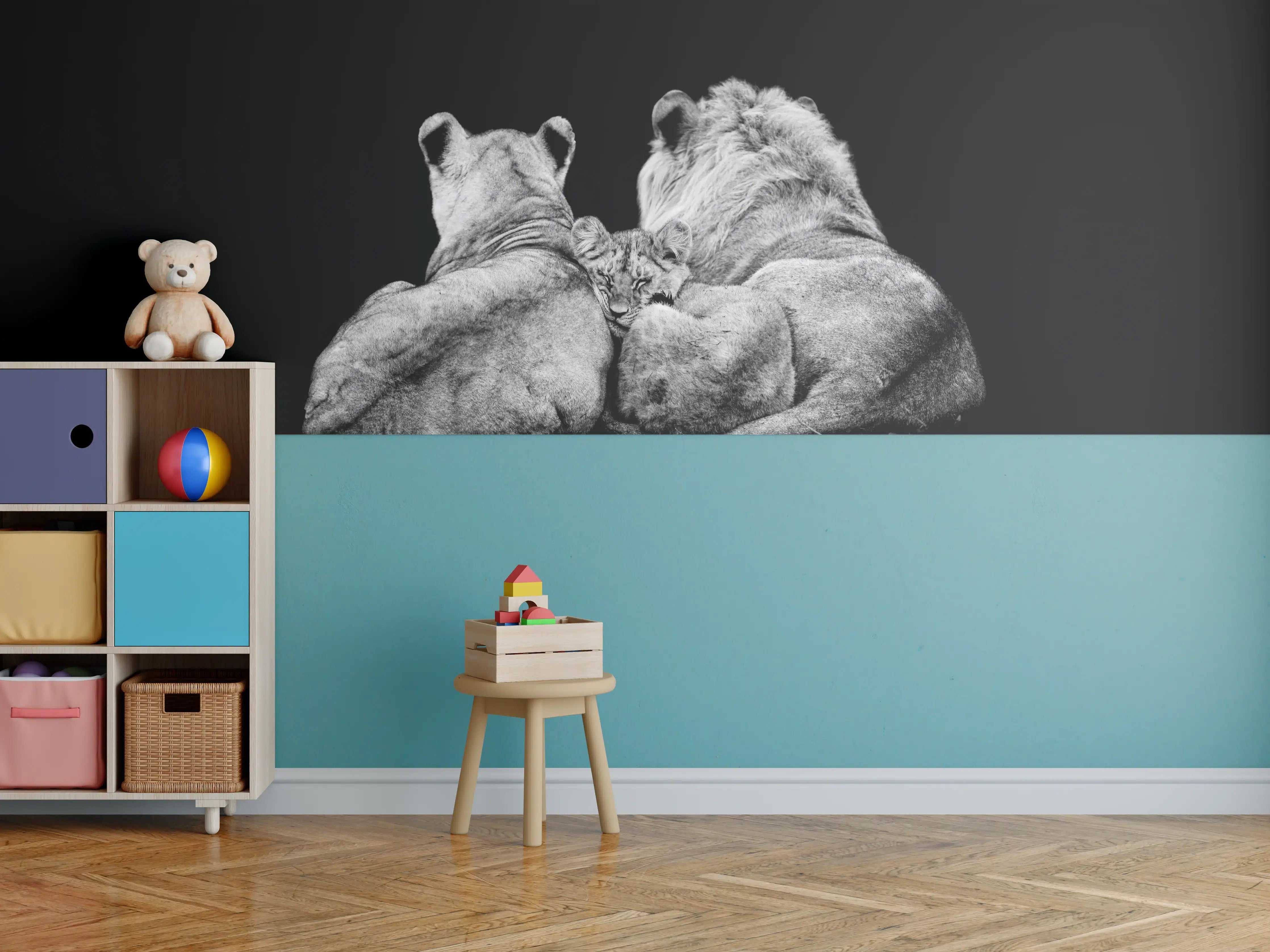 Kinderzimmer Wandgestaltung - Löwenfamilie liegend mit schwarzem Hintergrund