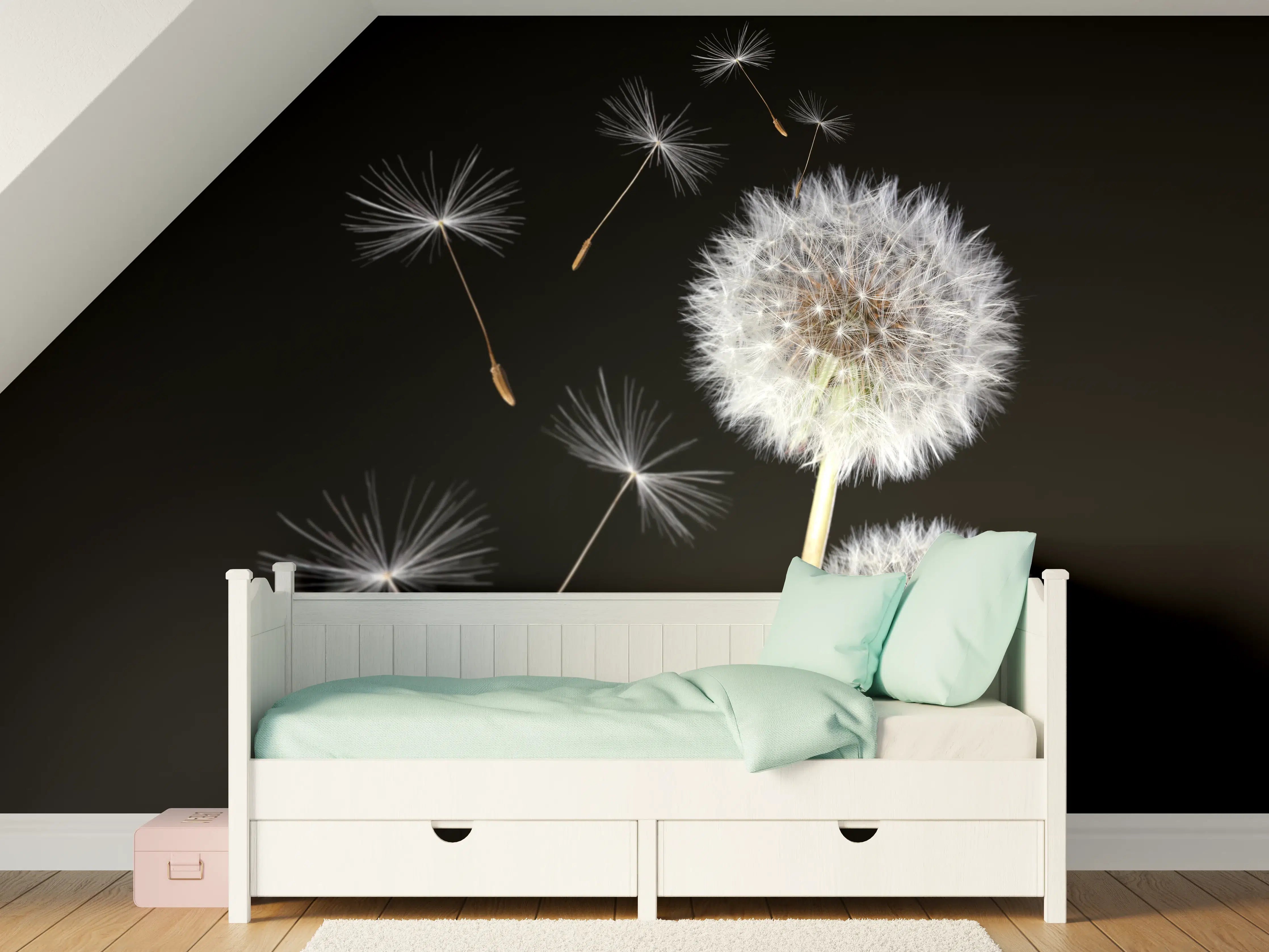 Kinderzimmer Wandgestaltung - Löwenzahn auf schwarzem Hintergrund