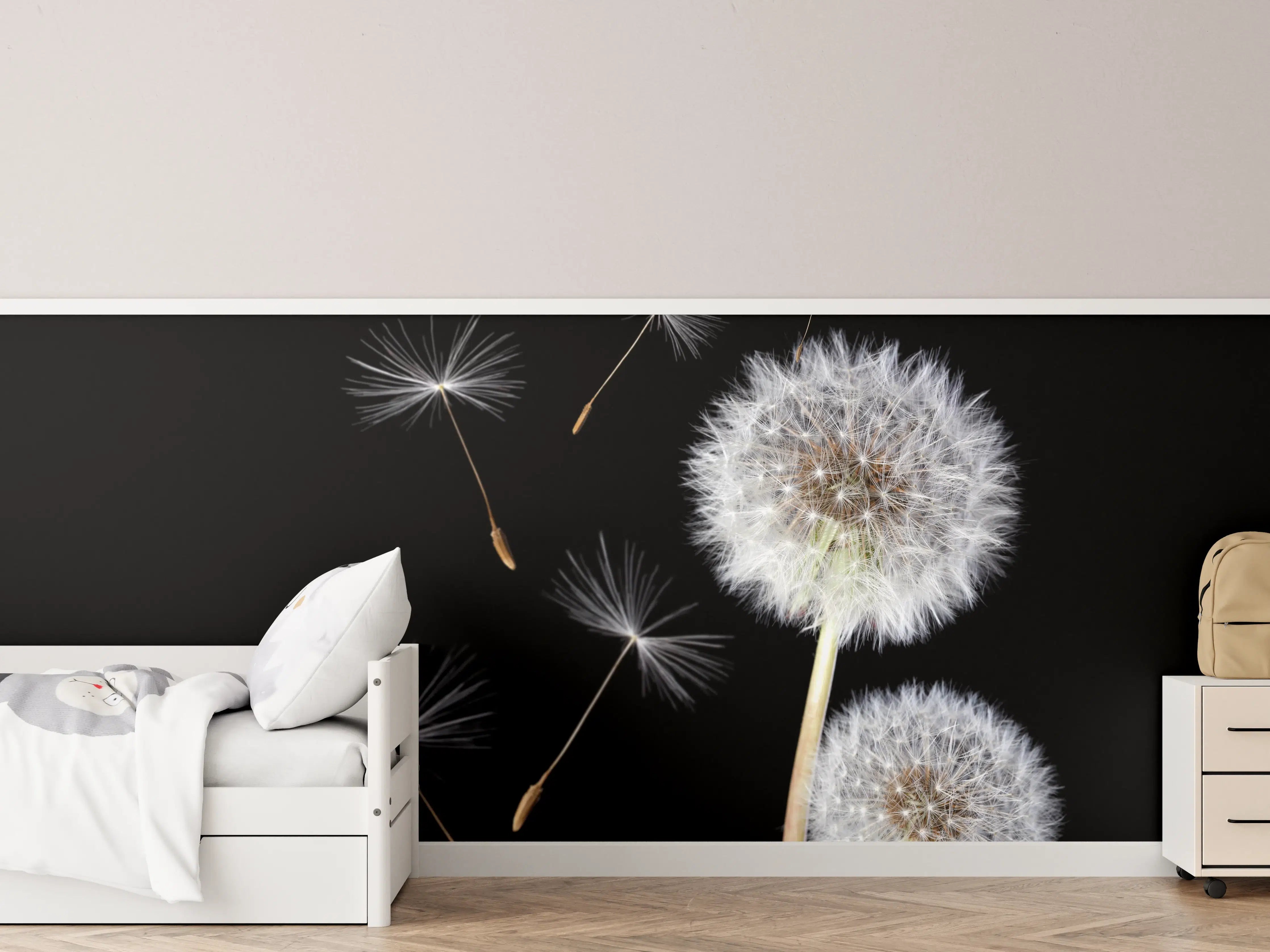 Kinderzimmer Wandgestaltung - Löwenzahn auf schwarzem Hintergrund