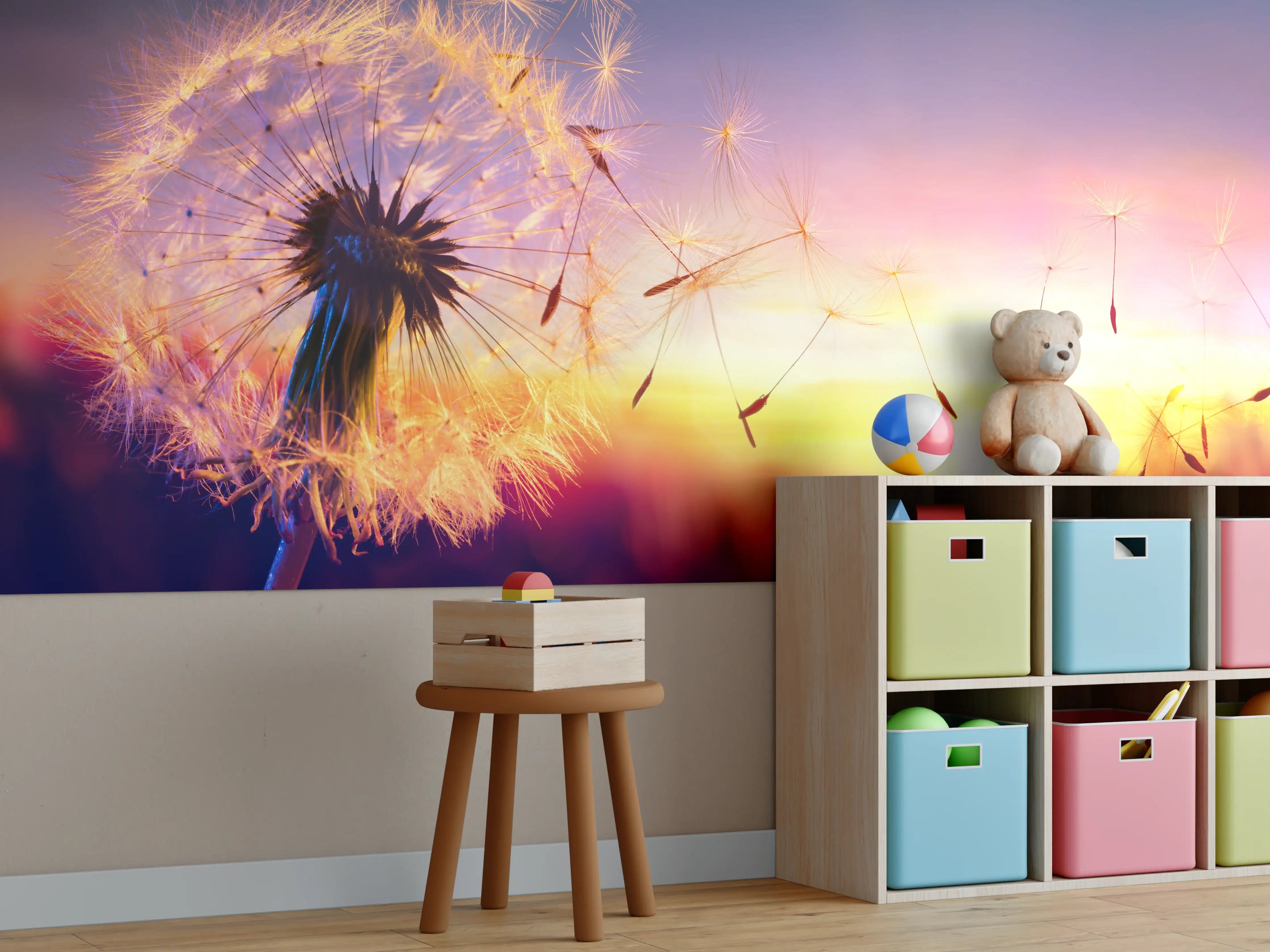 Kinderzimmer Wandgestaltung - Löwenzahn im Wind bei Sonnenuntergang
