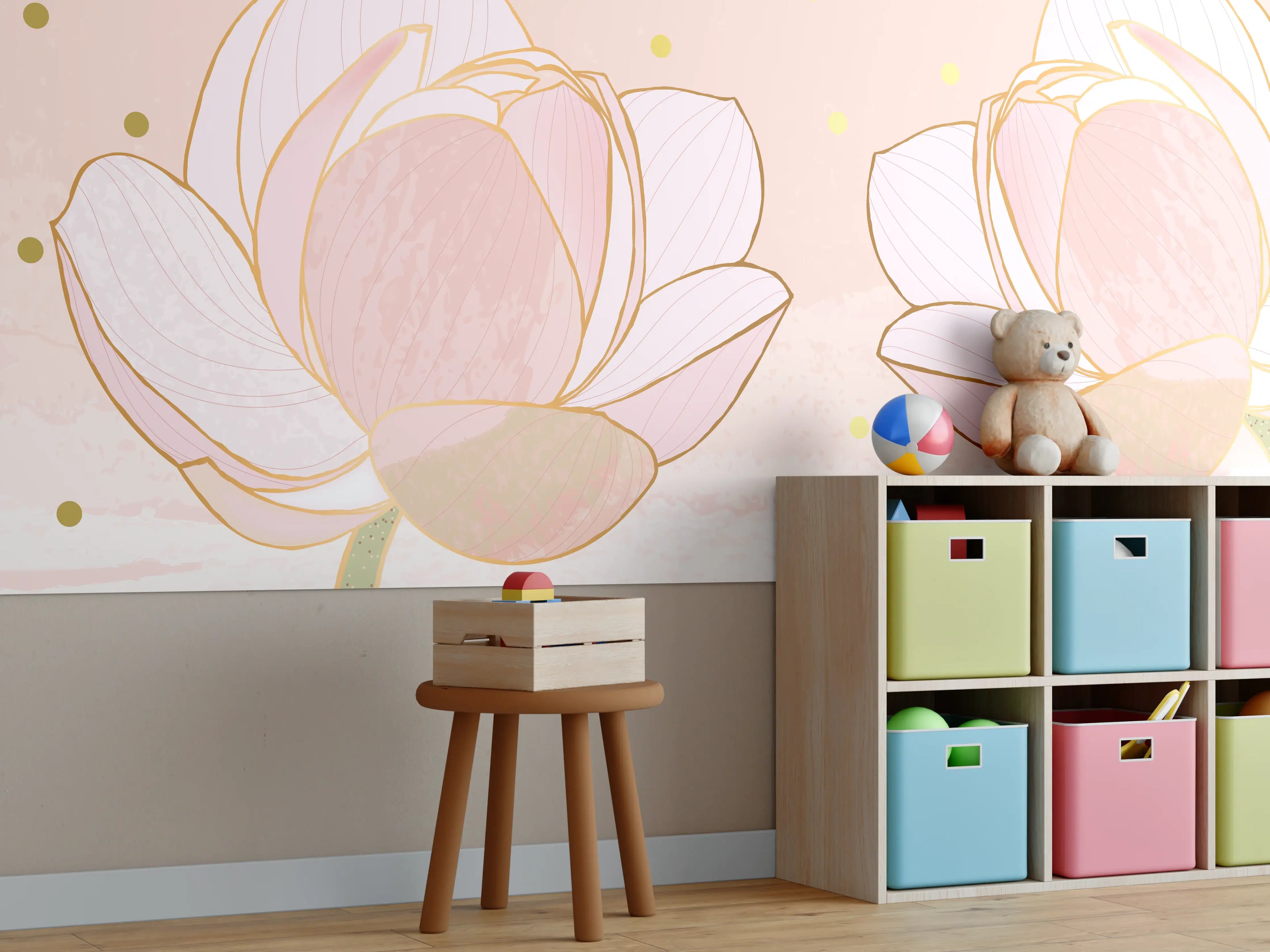 Kinderzimmer Wandgestaltung - Lotusblüte Rosa Gold Akzente