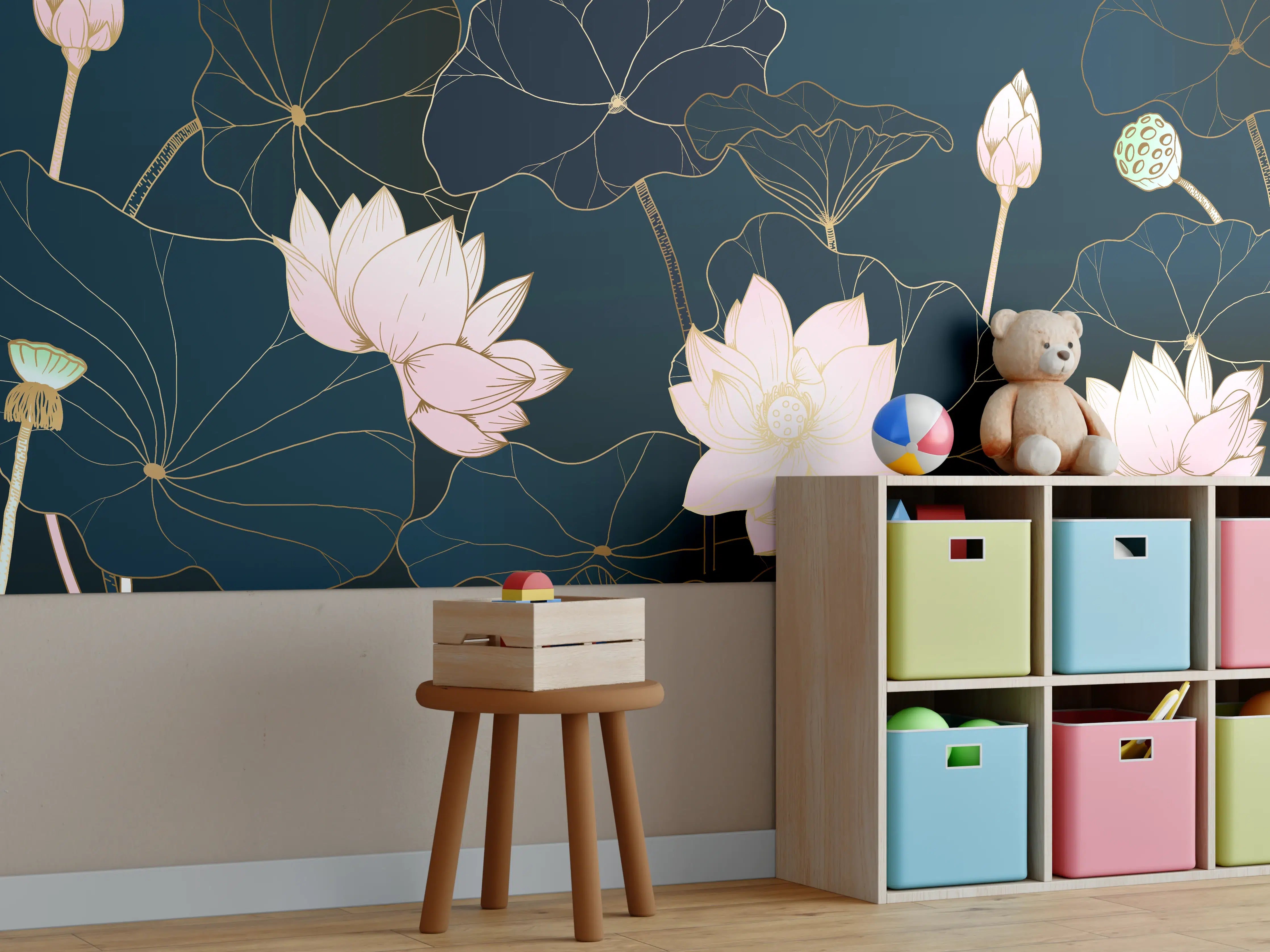 Kinderzimmer Wandgestaltung - Lotusblüten Nachtblau Illustration