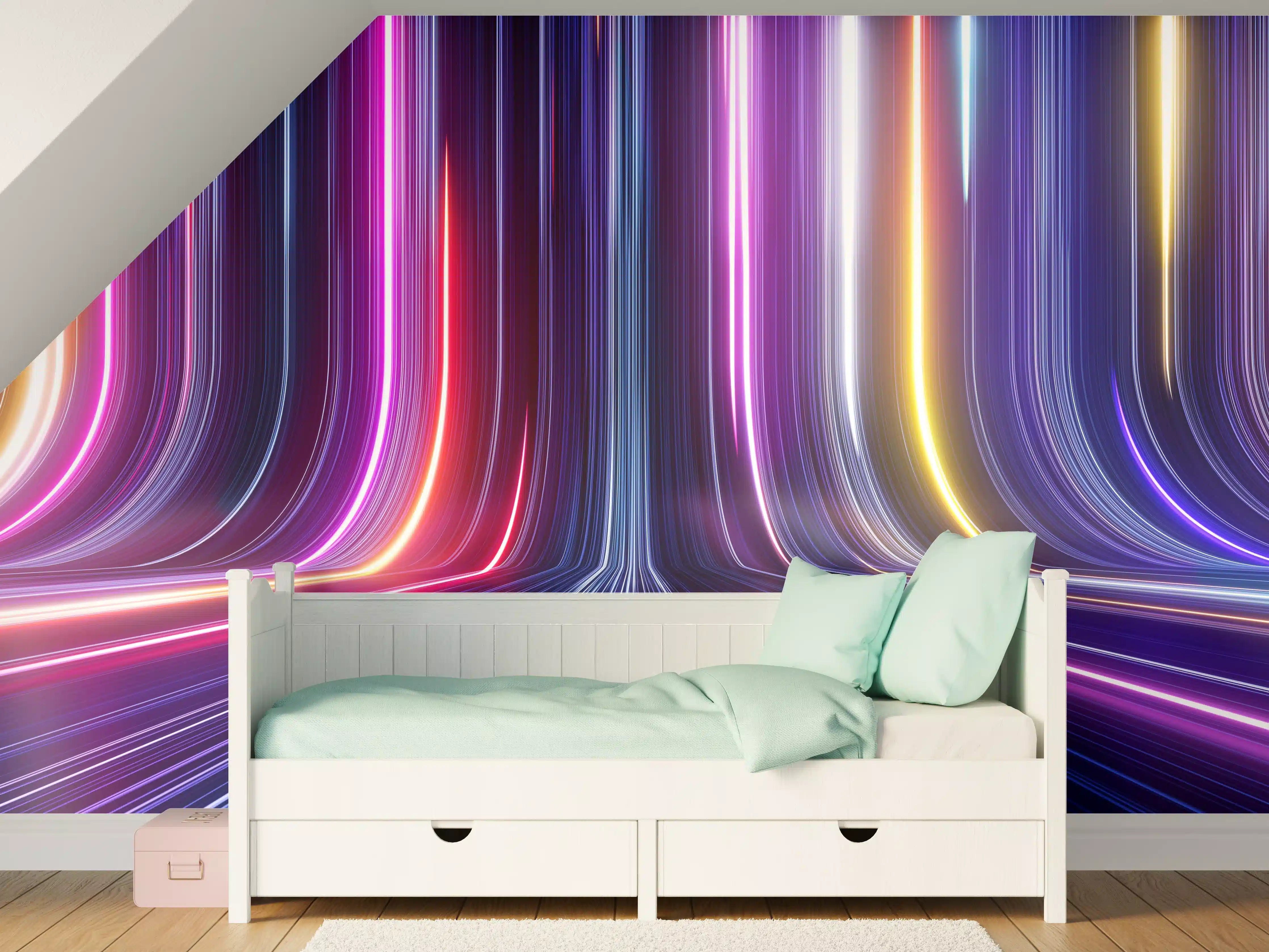 Kinderzimmer Wandgestaltung - Lumineszierende Lichtstrahlen in Neonfarben