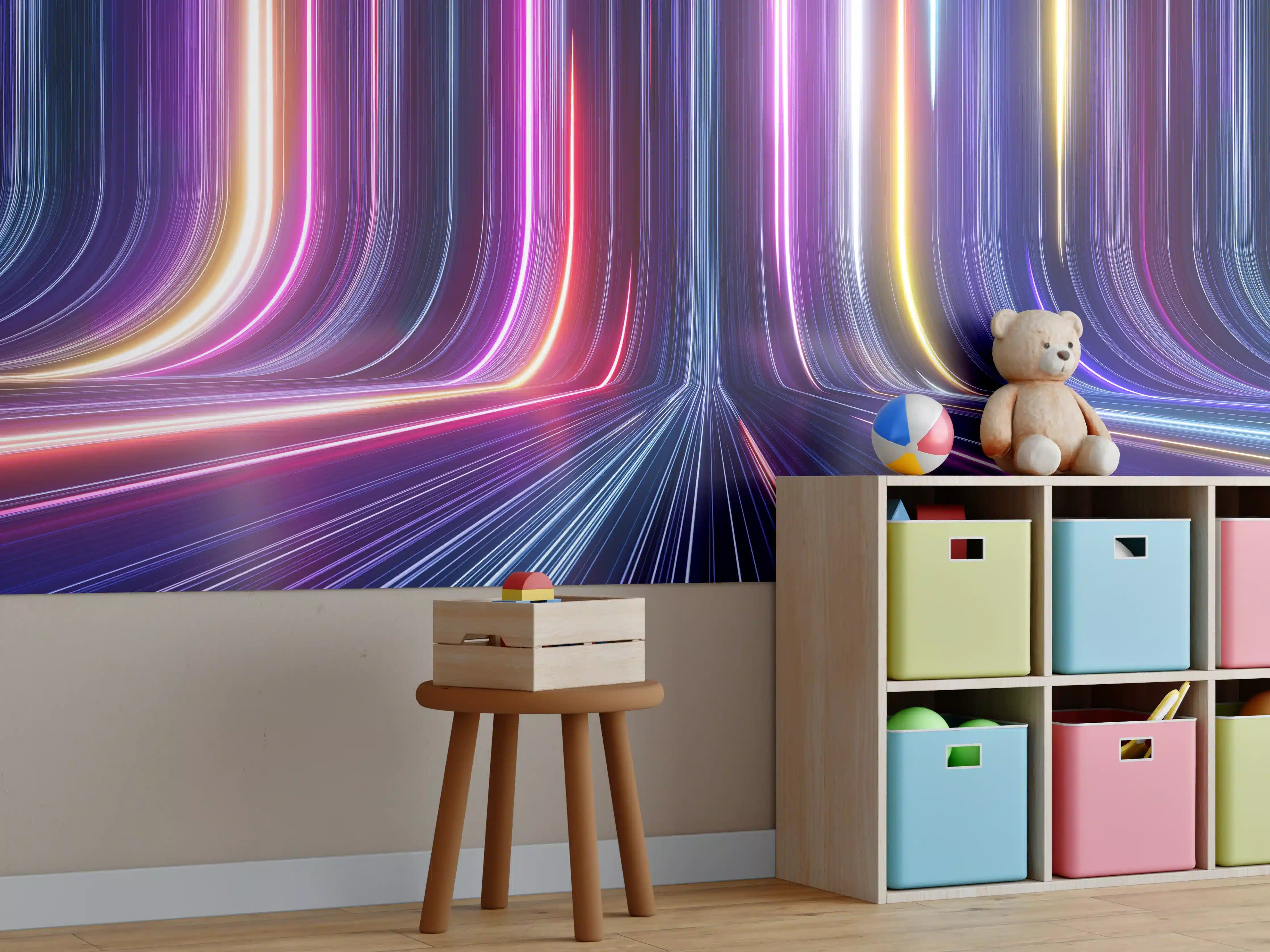 Kinderzimmer Wandgestaltung - Lumineszierende Lichtstrahlen in Neonfarben