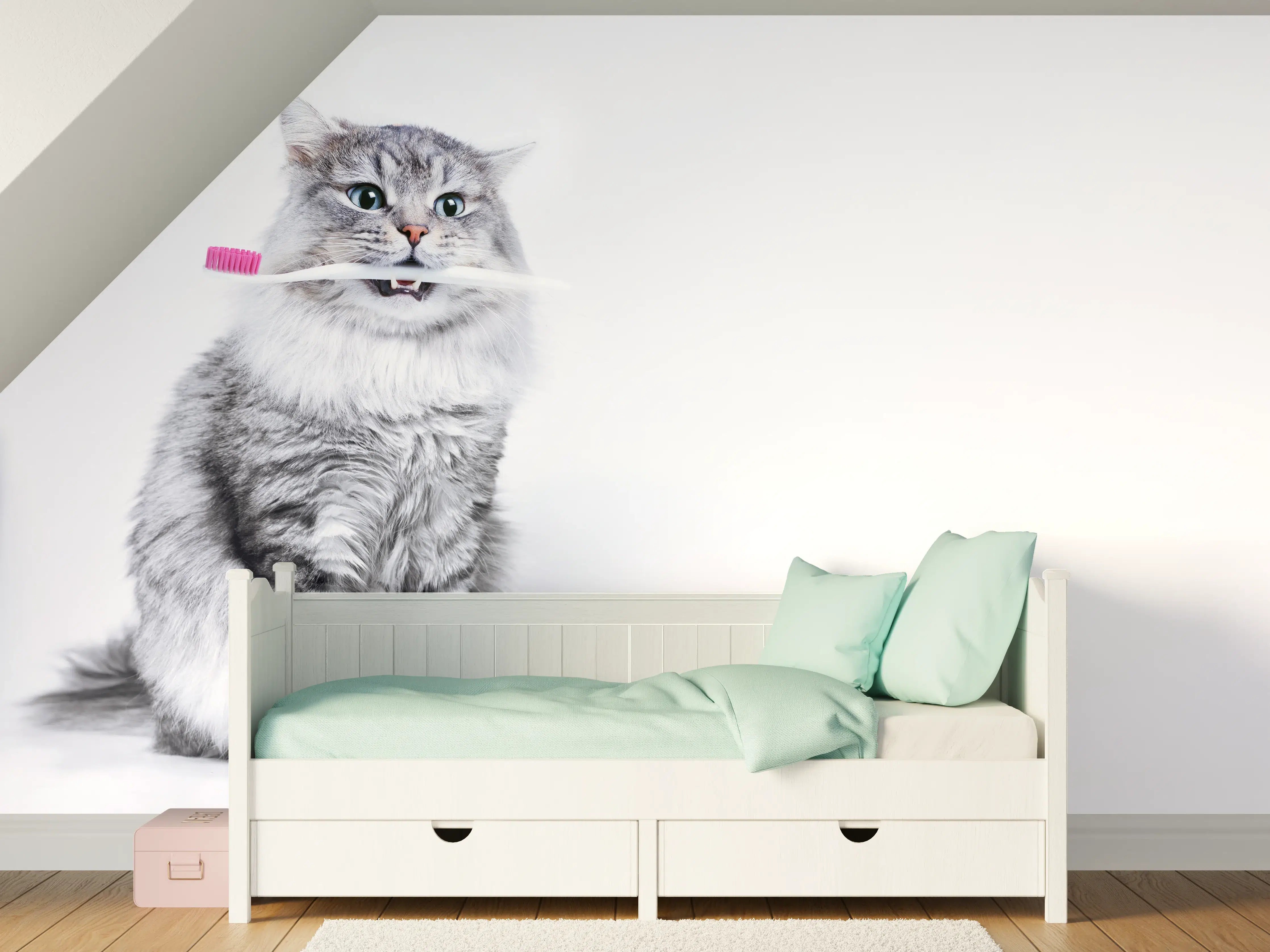 Kinderzimmer Wandgestaltung - Lustige Katze mit Zahnbürste