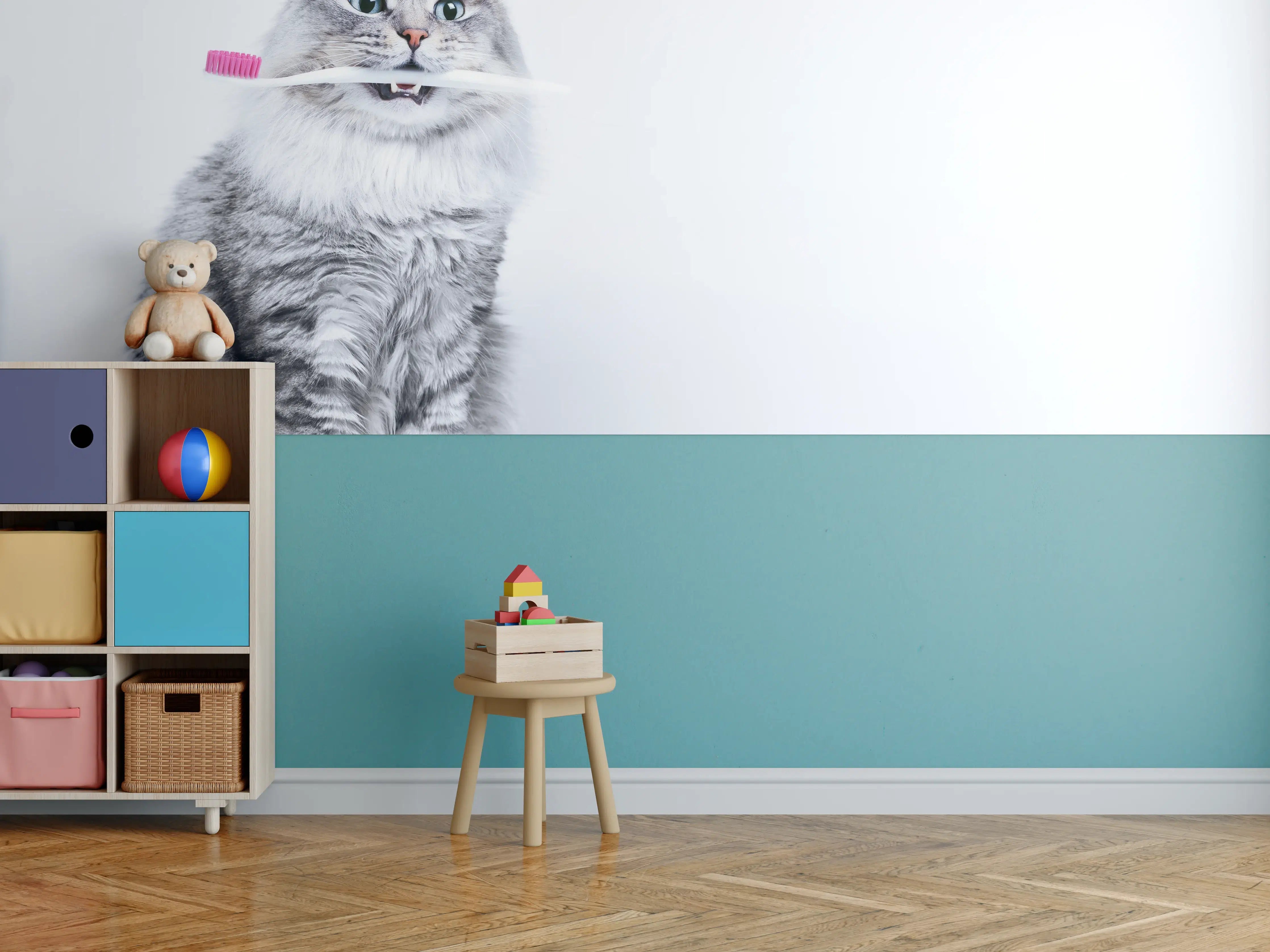 Kinderzimmer Wandgestaltung - Lustige Katze mit Zahnbürste