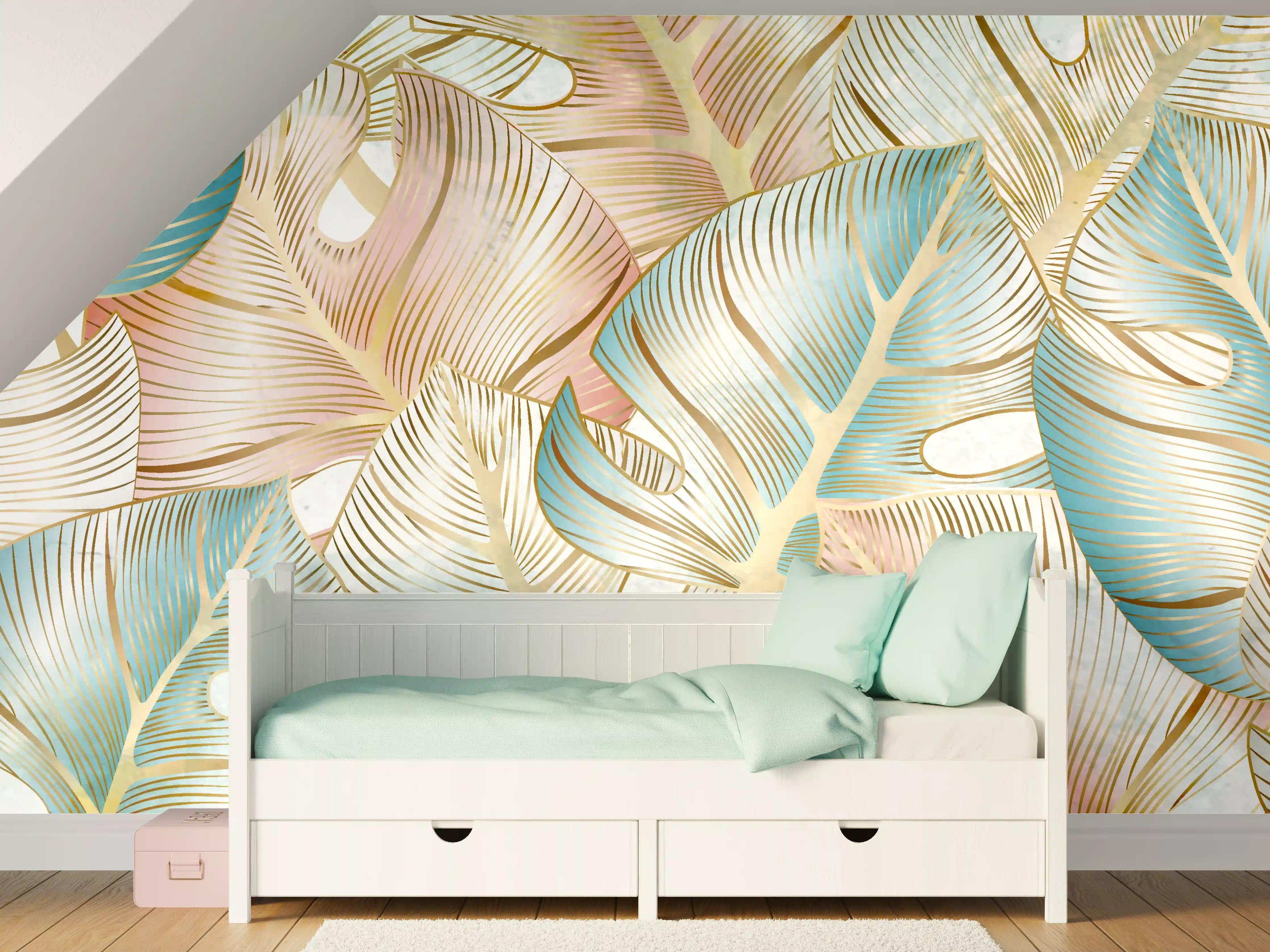 Kinderzimmer Wandgestaltung - Luxuriöse Palmblätter mit sanften Pastelltönen