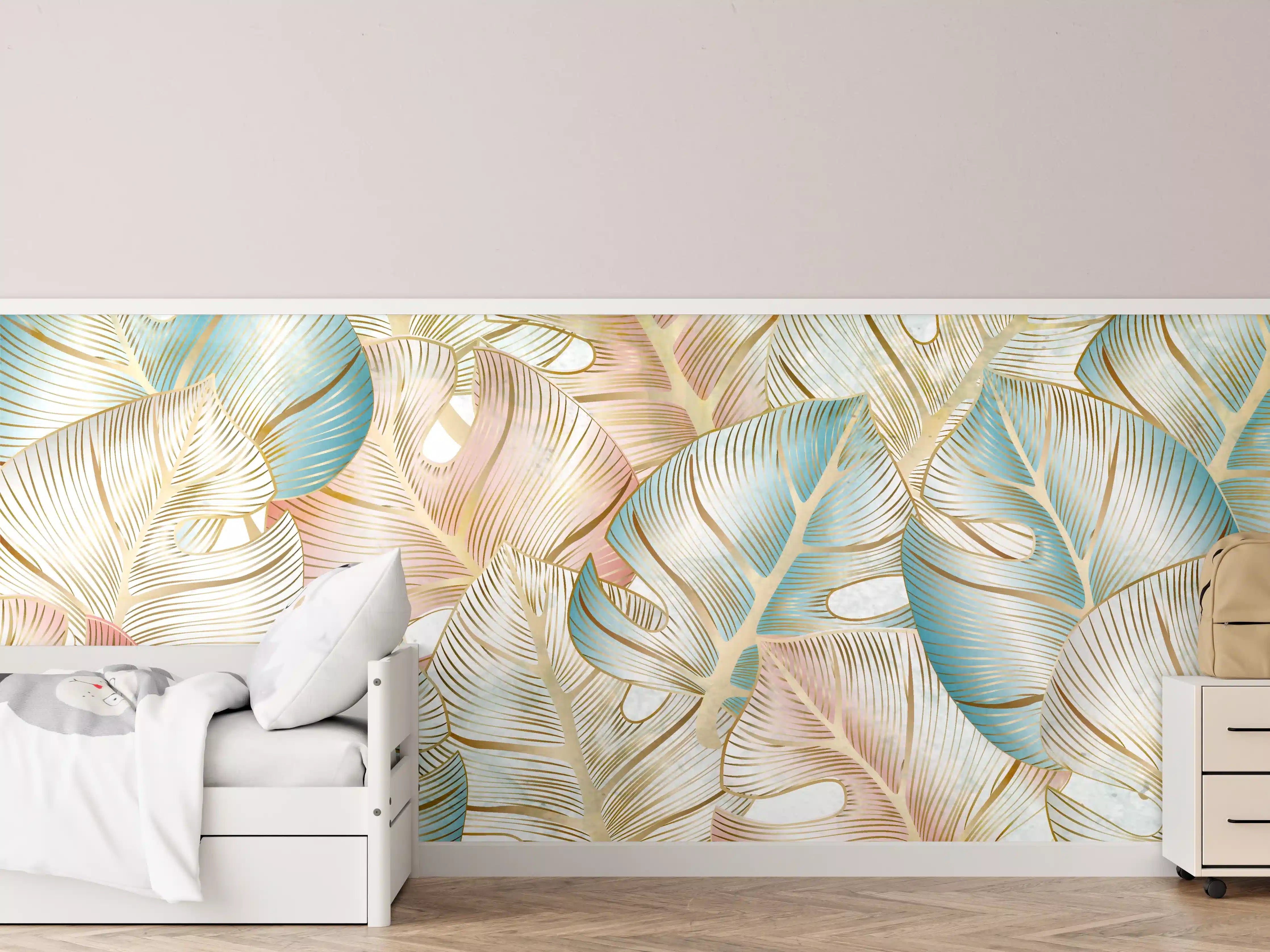 Kinderzimmer Wandgestaltung - Luxuriöse Palmblätter mit sanften Pastelltönen