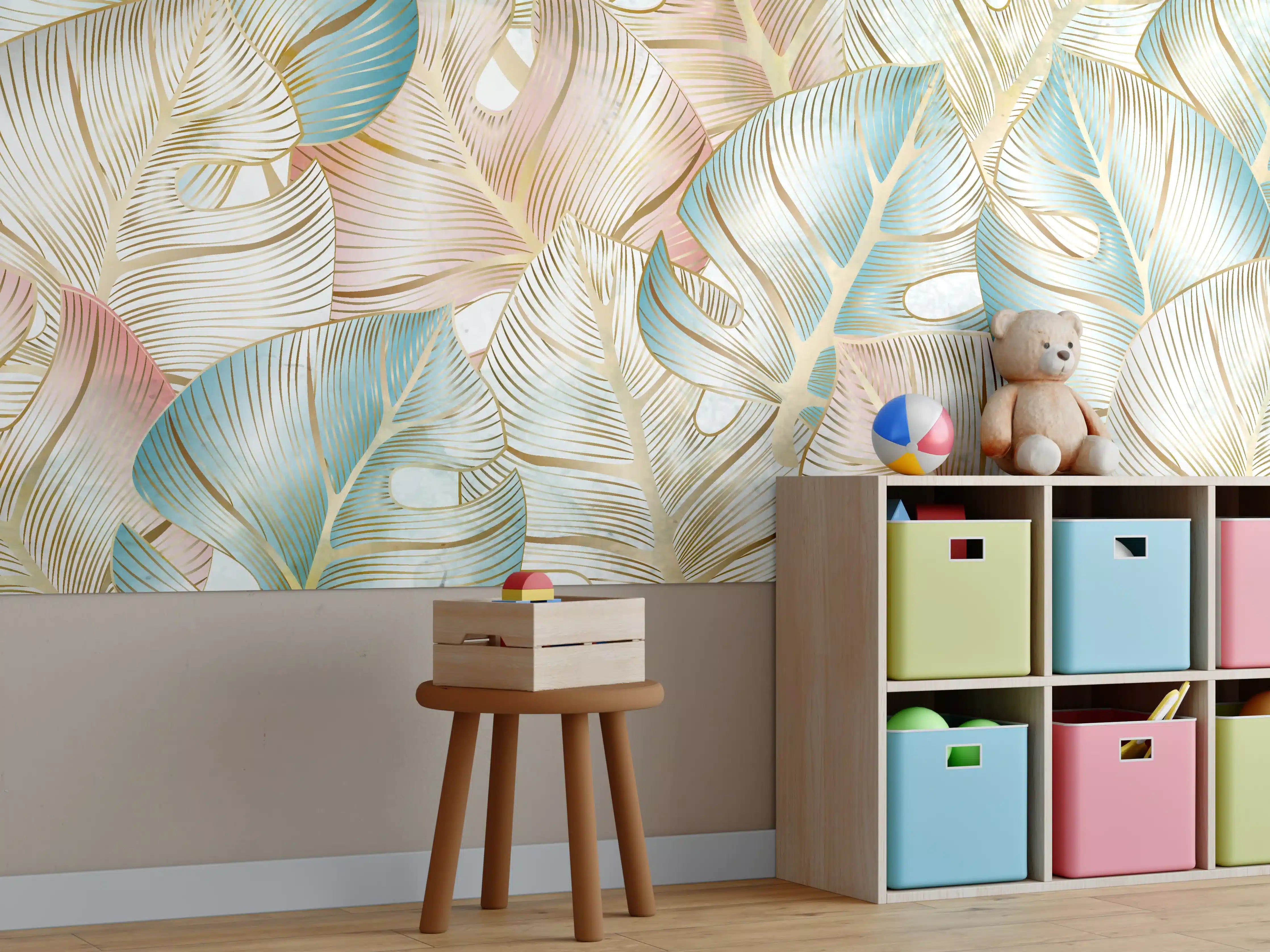 Kinderzimmer Wandgestaltung - Luxuriöse Palmblätter mit sanften Pastelltönen