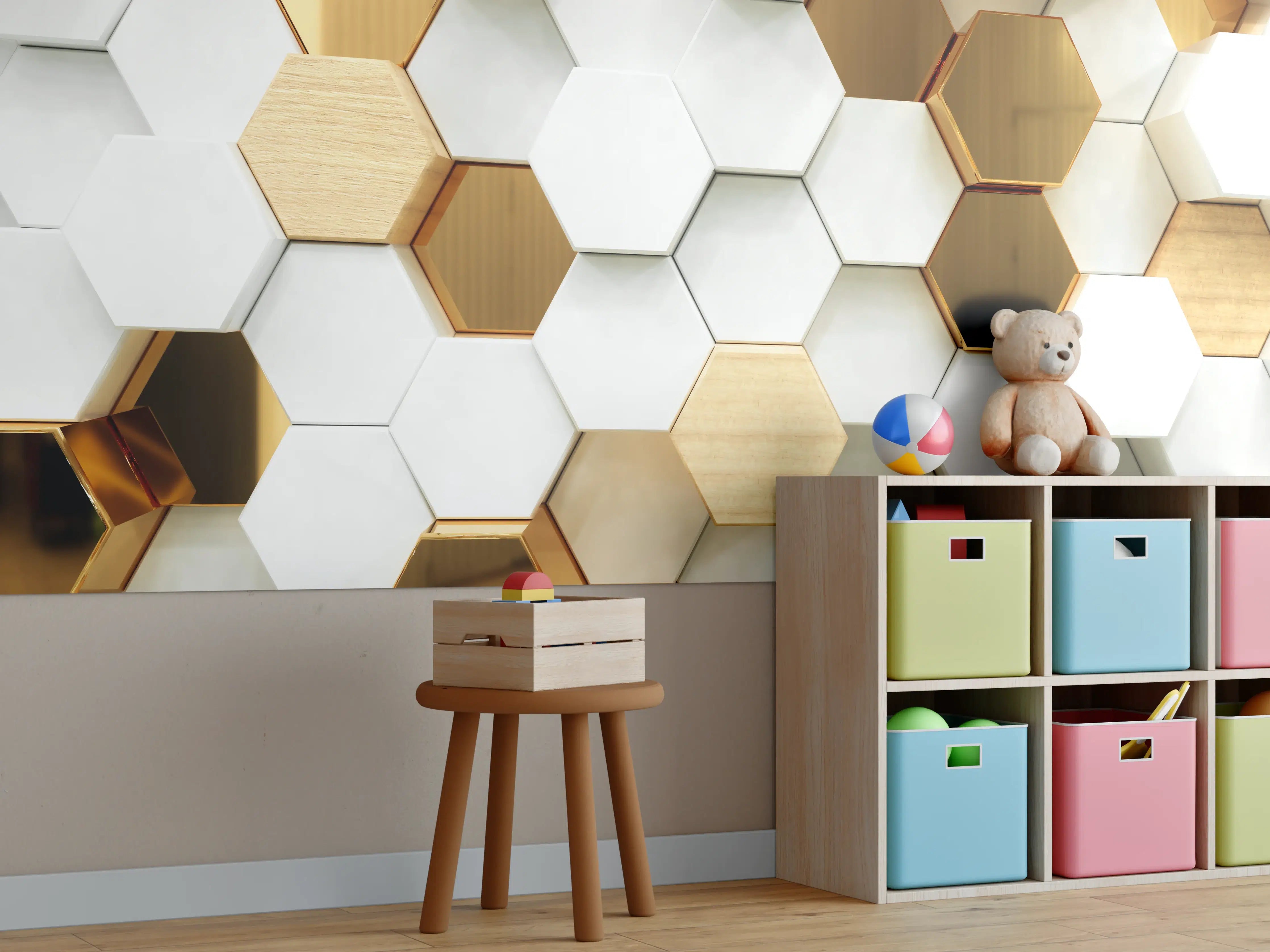 Kinderzimmer Wandgestaltung - Luxuriöser Weiß-Gold-Hexagon-Hintergrund