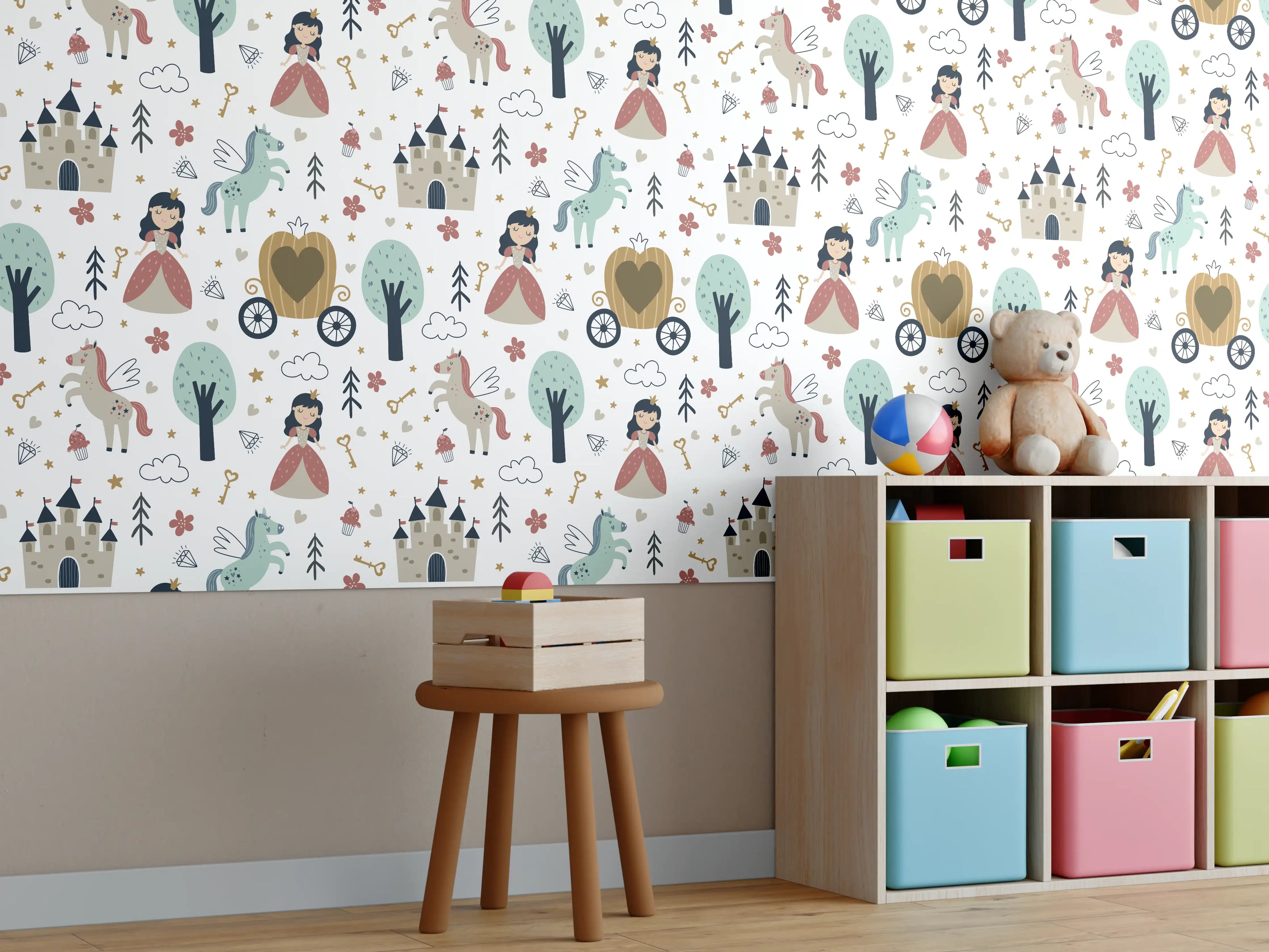 Kinderzimmer Wandgestaltung - Mädchen in einem rosafarbenen Kleid mit lila Schleife