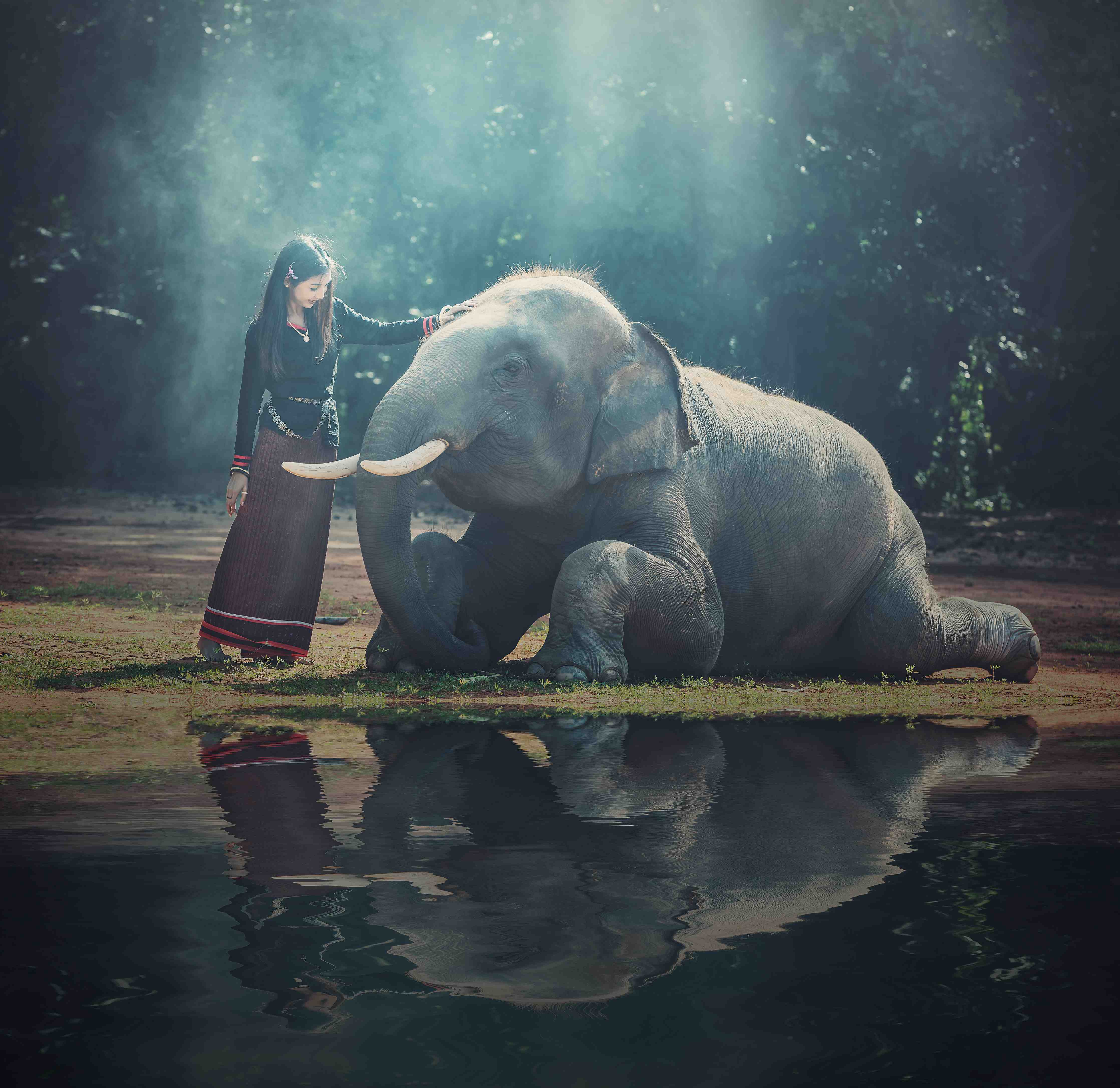 Kinderzimmer Wandgestaltung-Mädchen mit lächelndem Elefanten in Asien