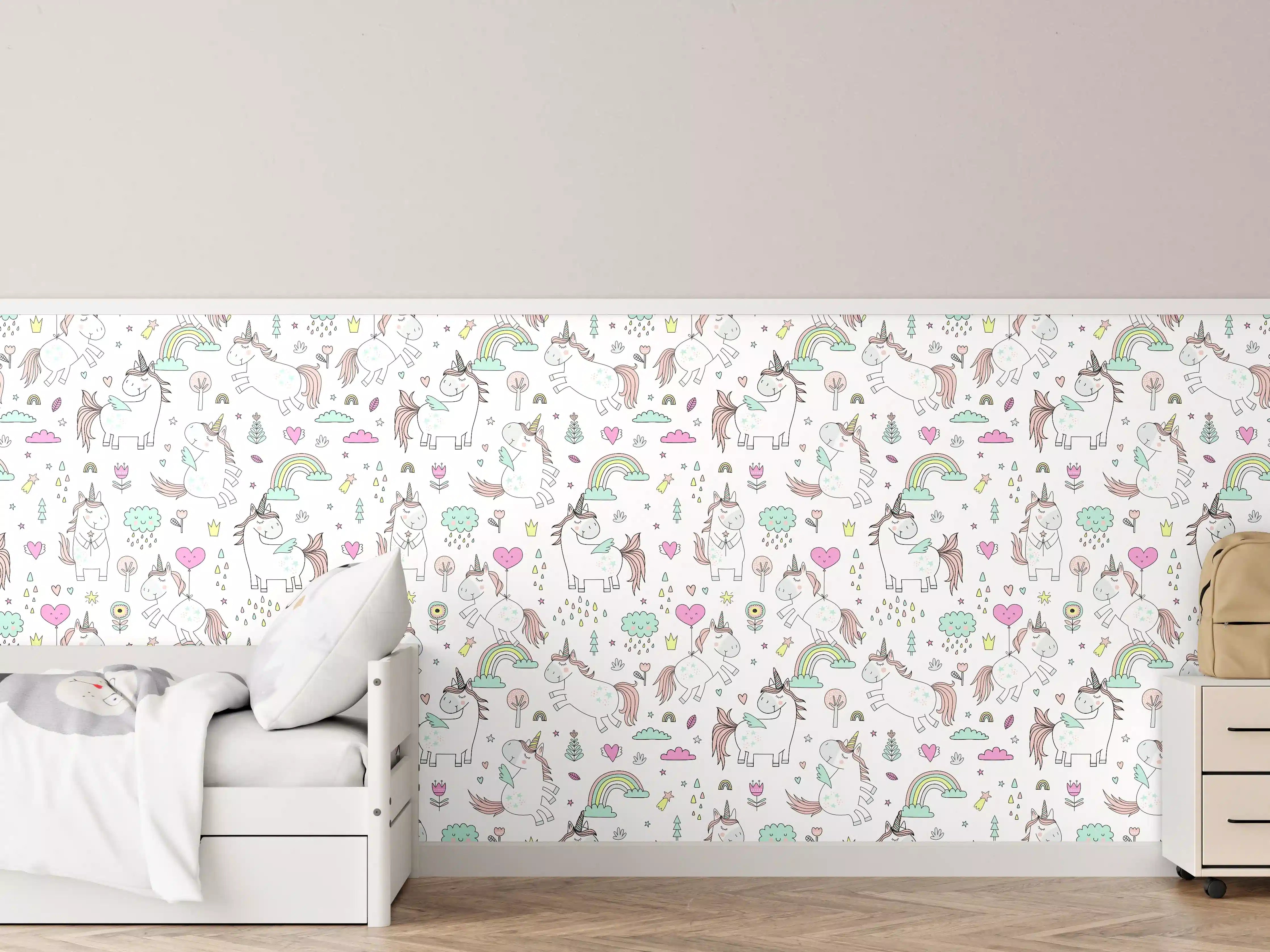 Kinderzimmer Wandgestaltung - Märchenhafte Einhorn- und Regenbogen-Wandgestaltung in Pastellfarben
