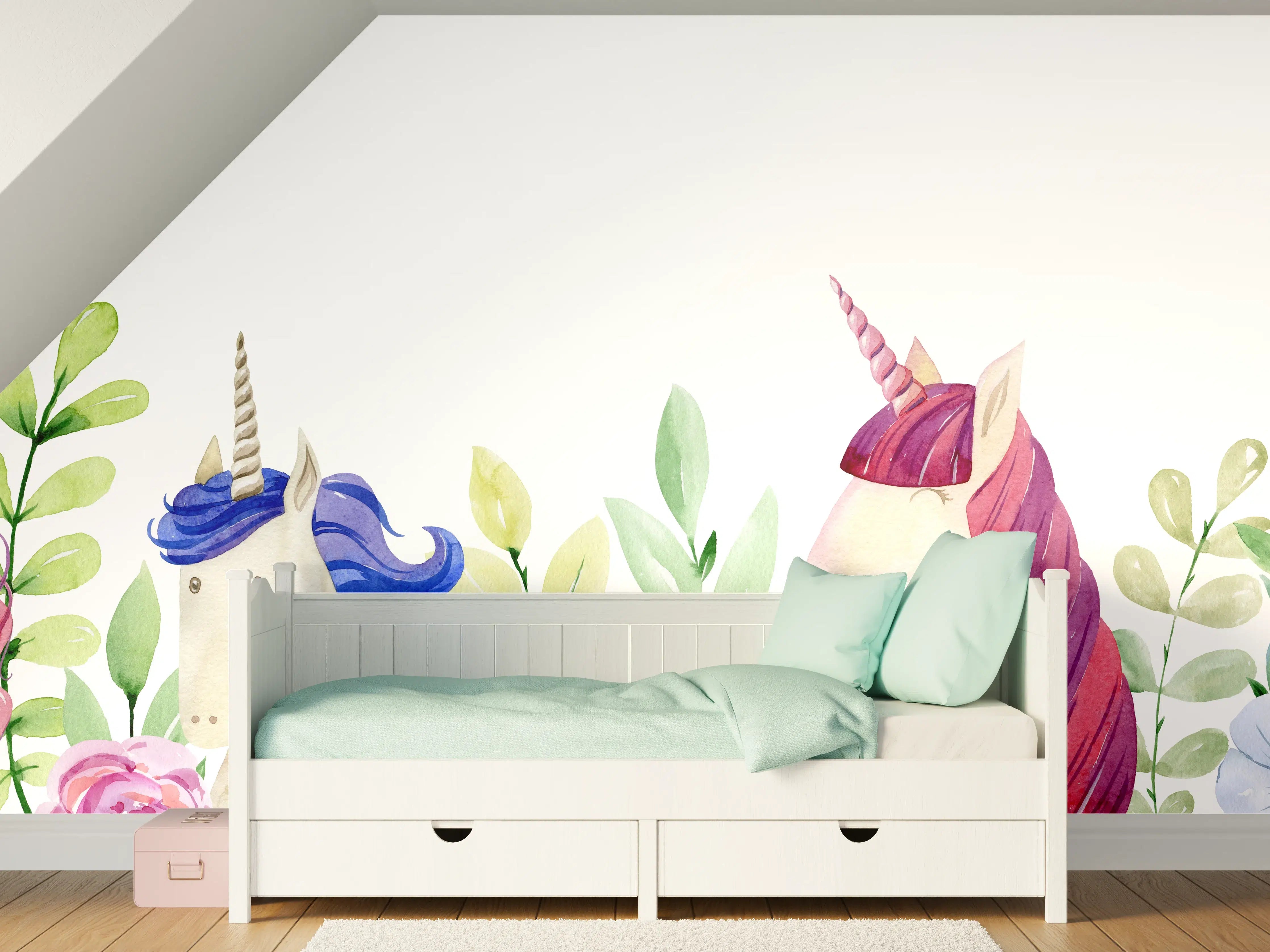 Kinderzimmer Wandgestaltung - Märchenhafte Einhorn-Wandkunst mit bunten Blumen