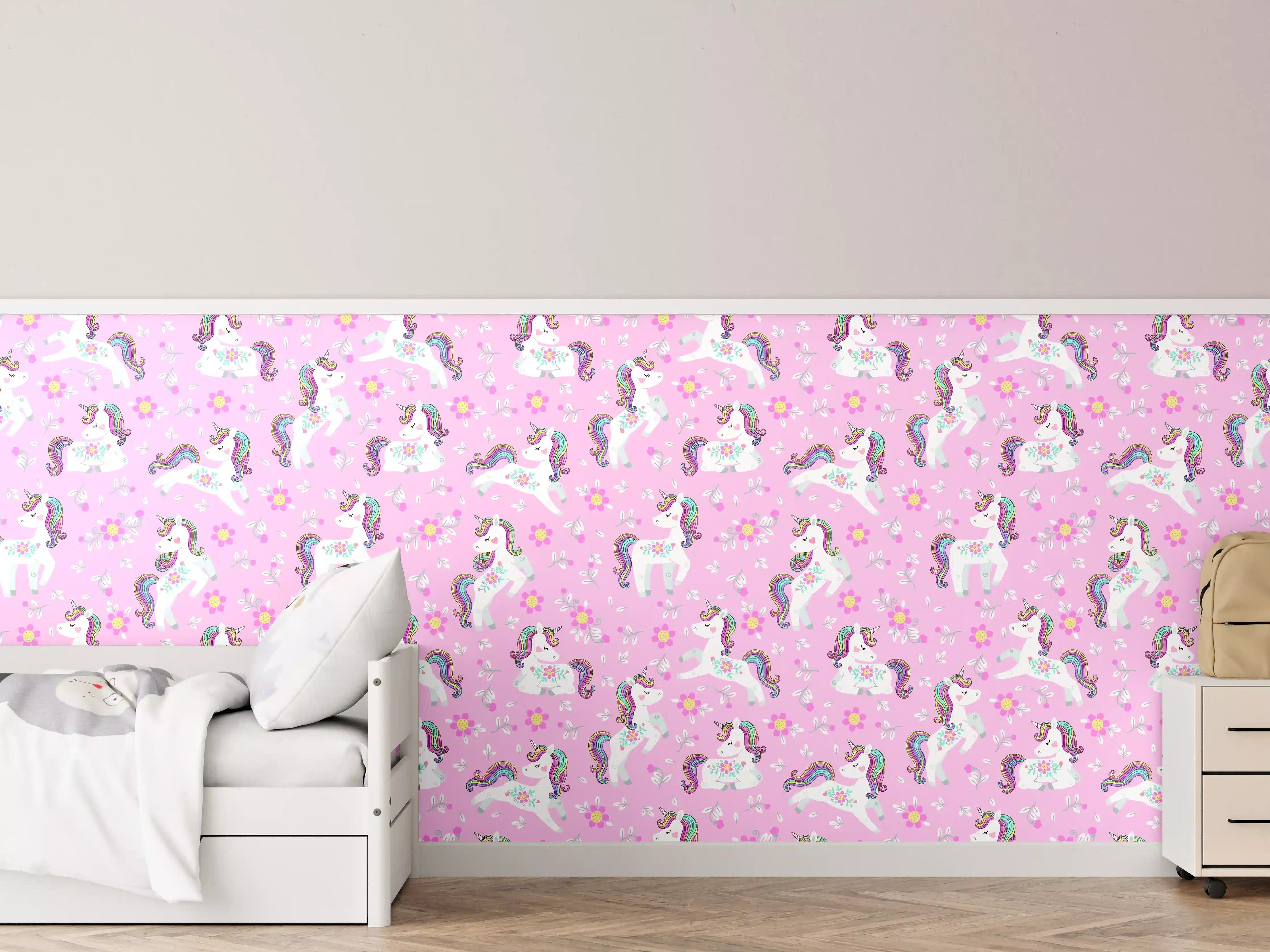 Kinderzimmer Wandgestaltung - Märchenhafte Einhornwelt in Pastellfarben