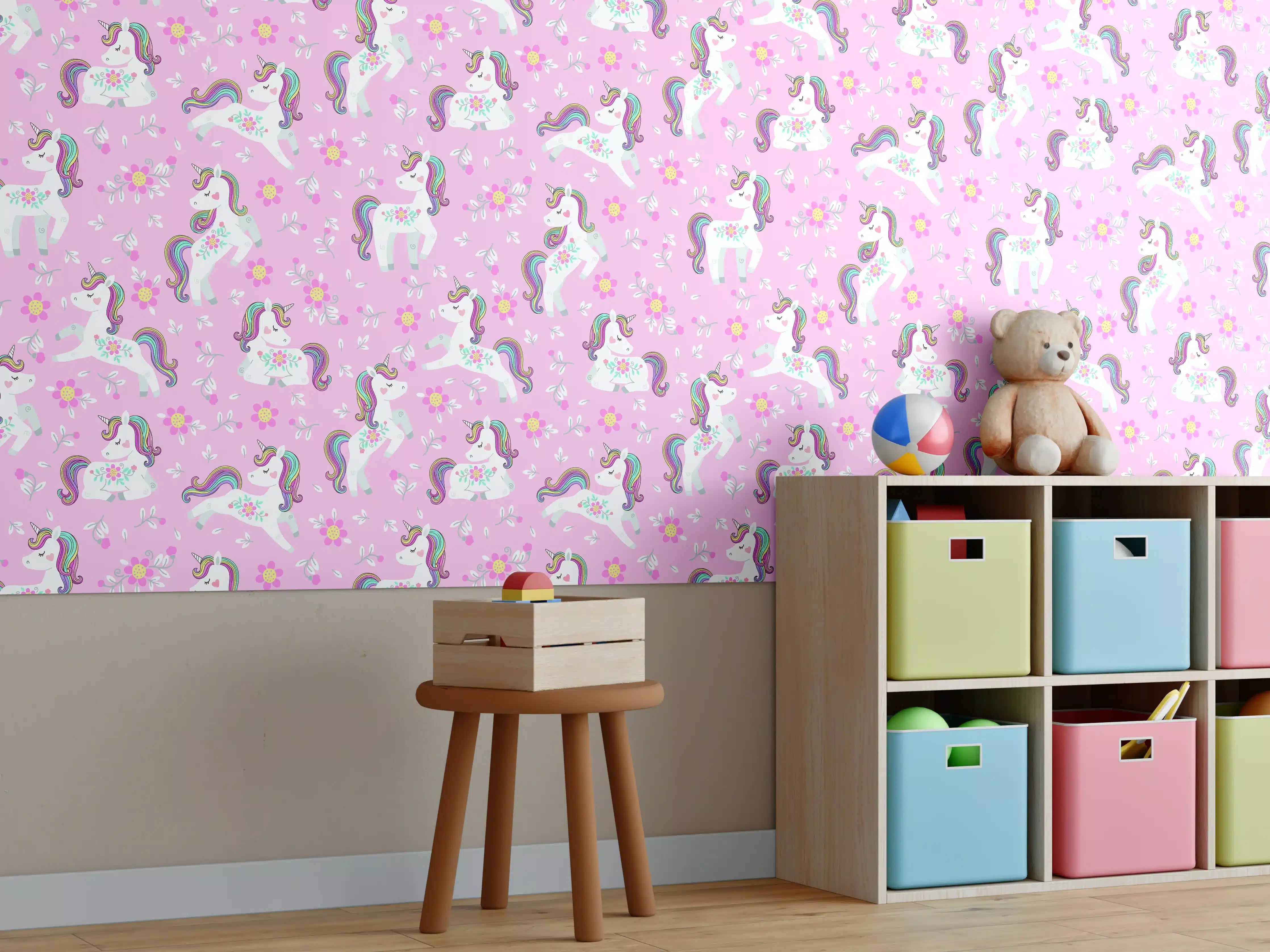 Kinderzimmer Wandgestaltung - Märchenhafte Einhornwelt in Pastellfarben