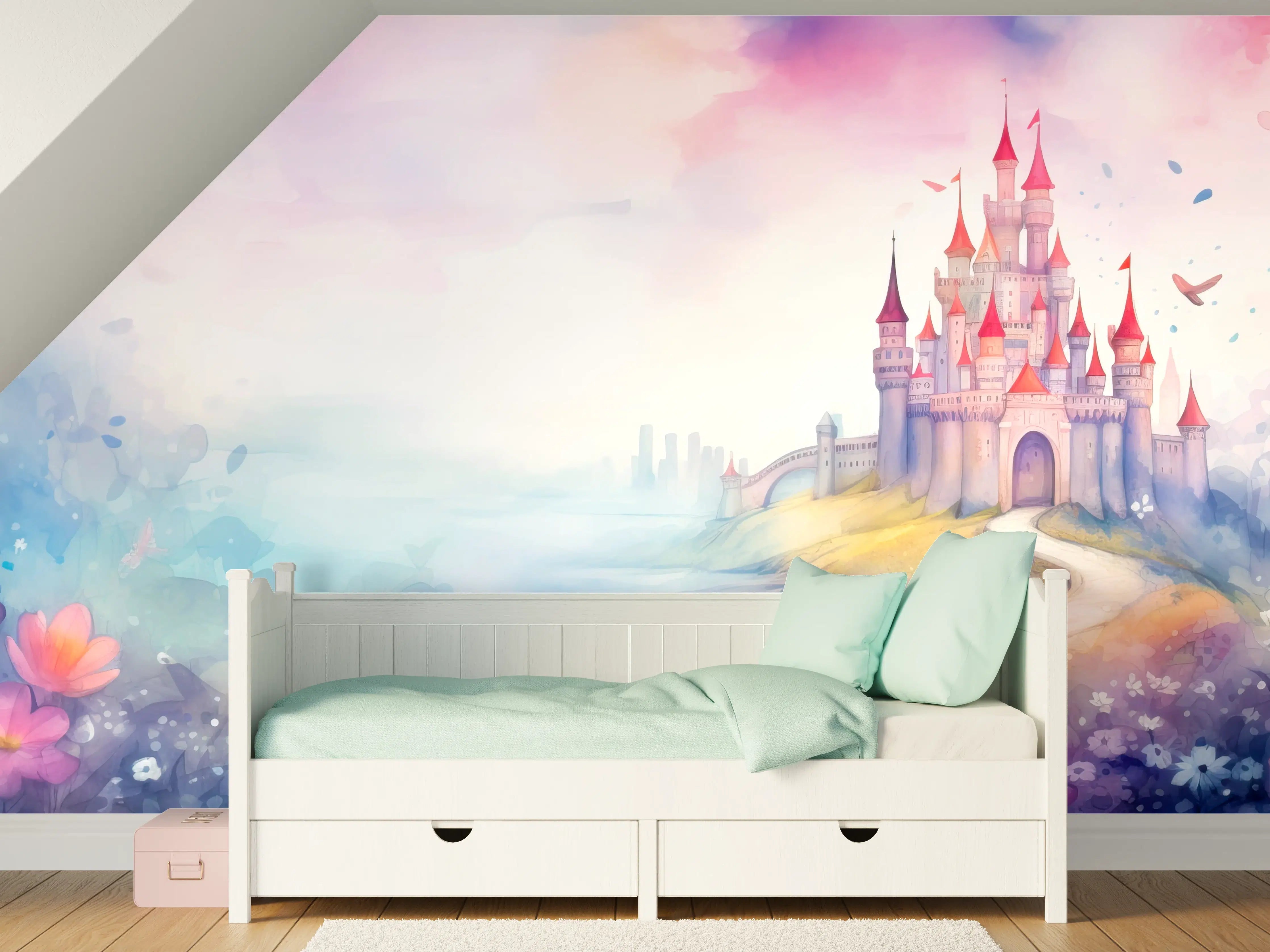 Kinderzimmer Wandgestaltung - Märchenhafte Schlosskulisse in Pastellfarben