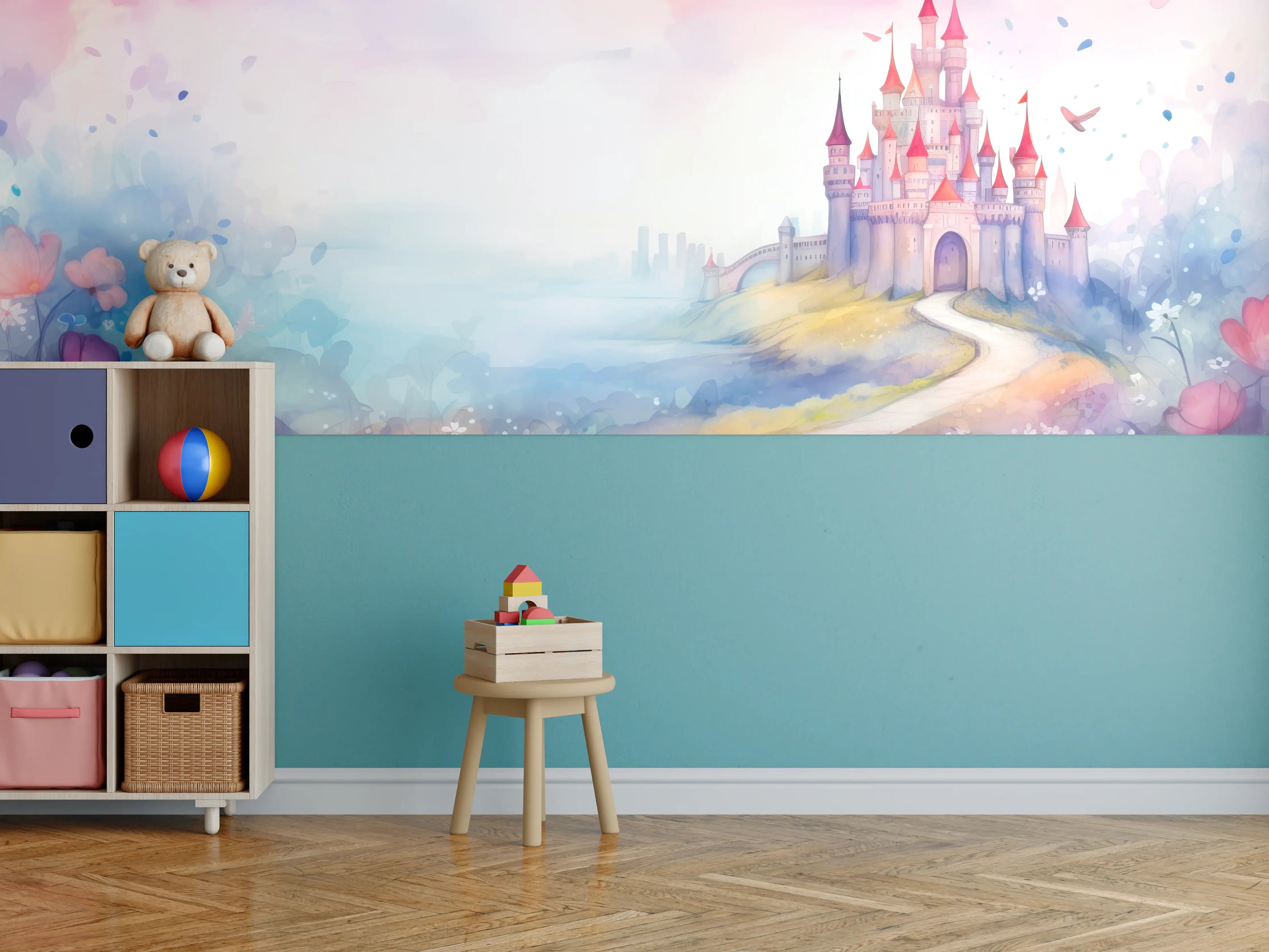 Kinderzimmer Wandgestaltung - Märchenhafte Schlosskulisse in Pastellfarben