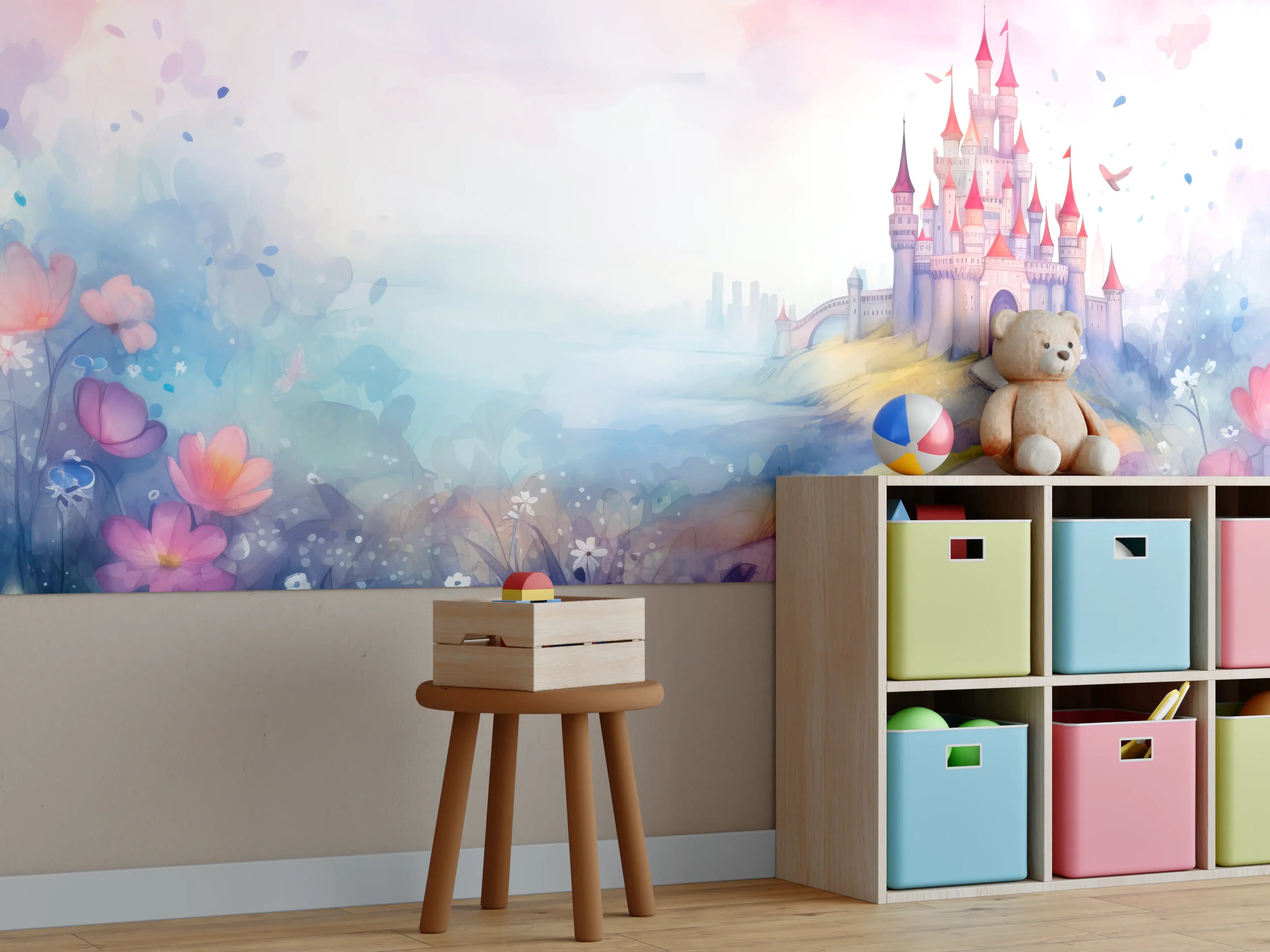 Kinderzimmer Wandgestaltung - Märchenhafte Schlosskulisse in Pastellfarben