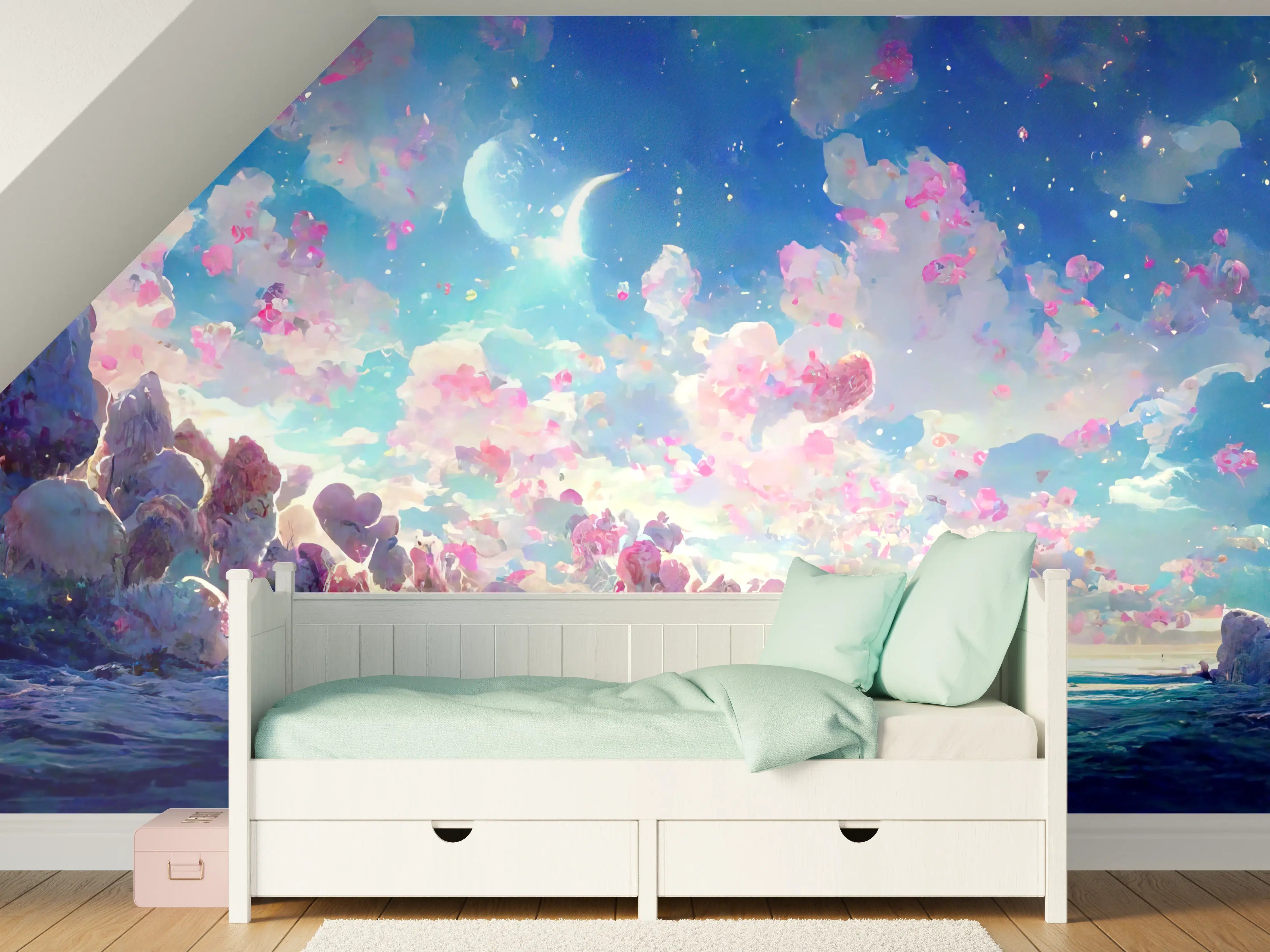 Kinderzimmer Wandgestaltung - Magische Himmelslandschaft Rosa Blau