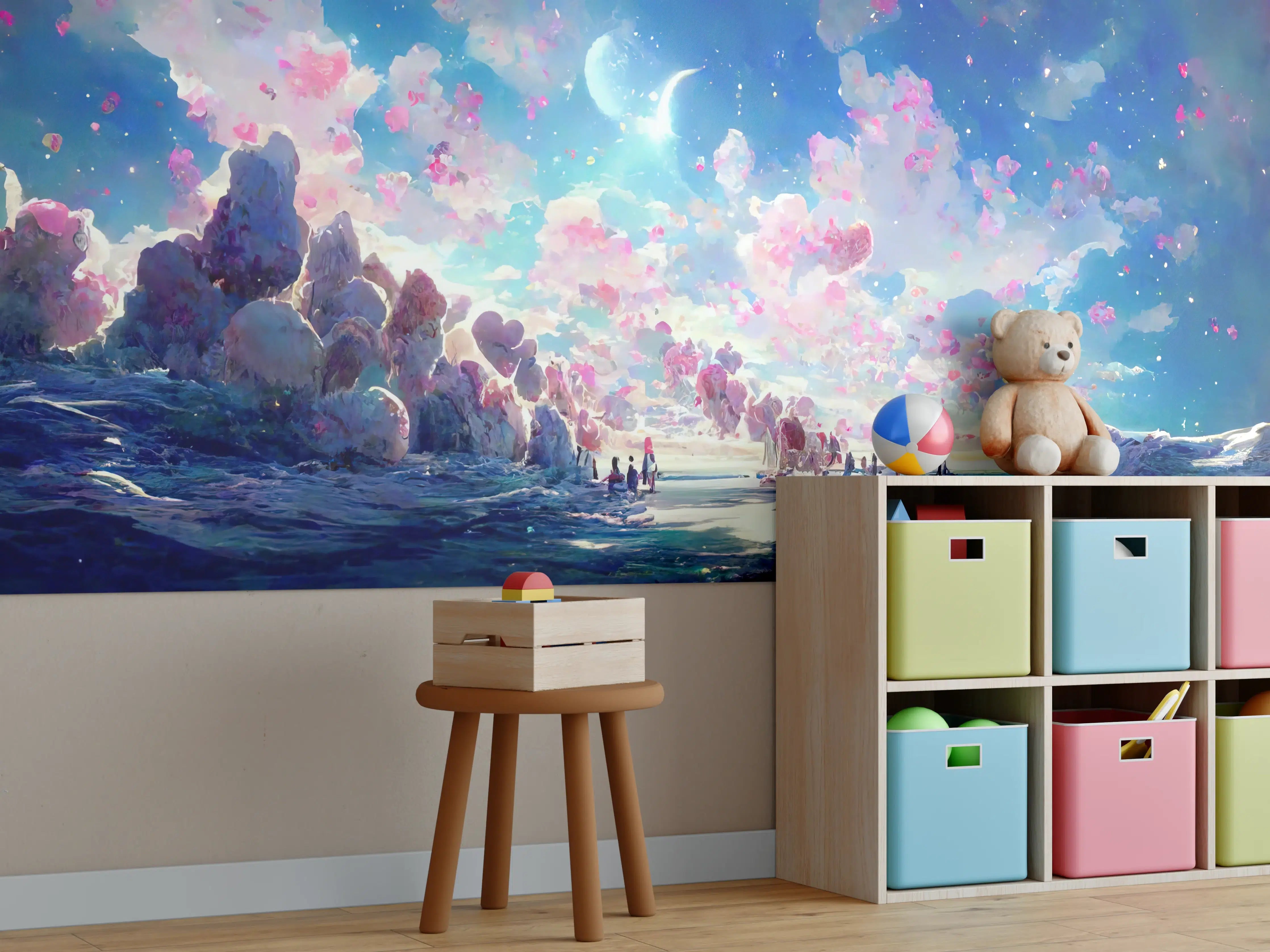 Kinderzimmer Wandgestaltung - Magische Himmelslandschaft Rosa Blau