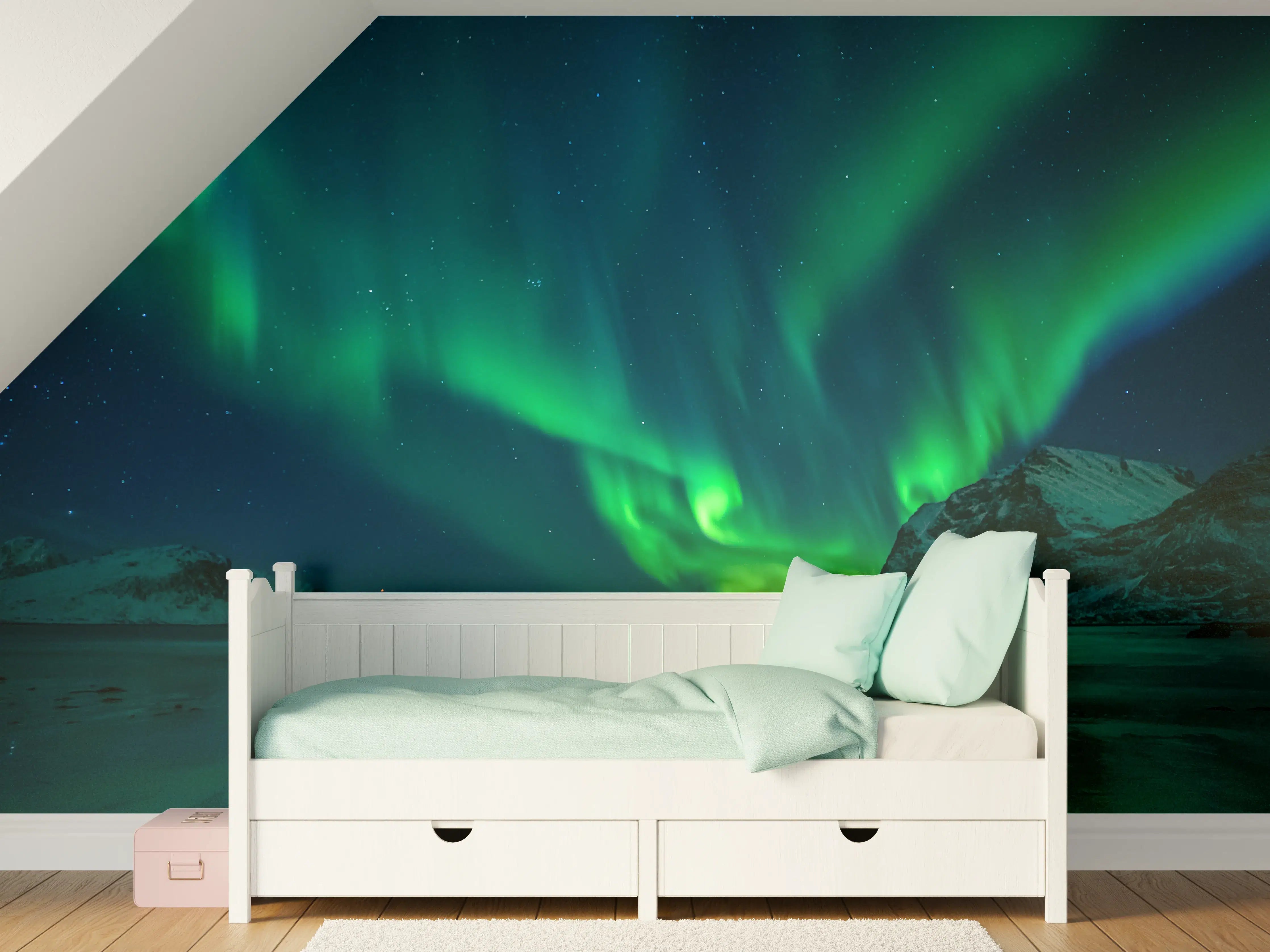 Kinderzimmer Wandgestaltung - Magische Nordlichter am Strand