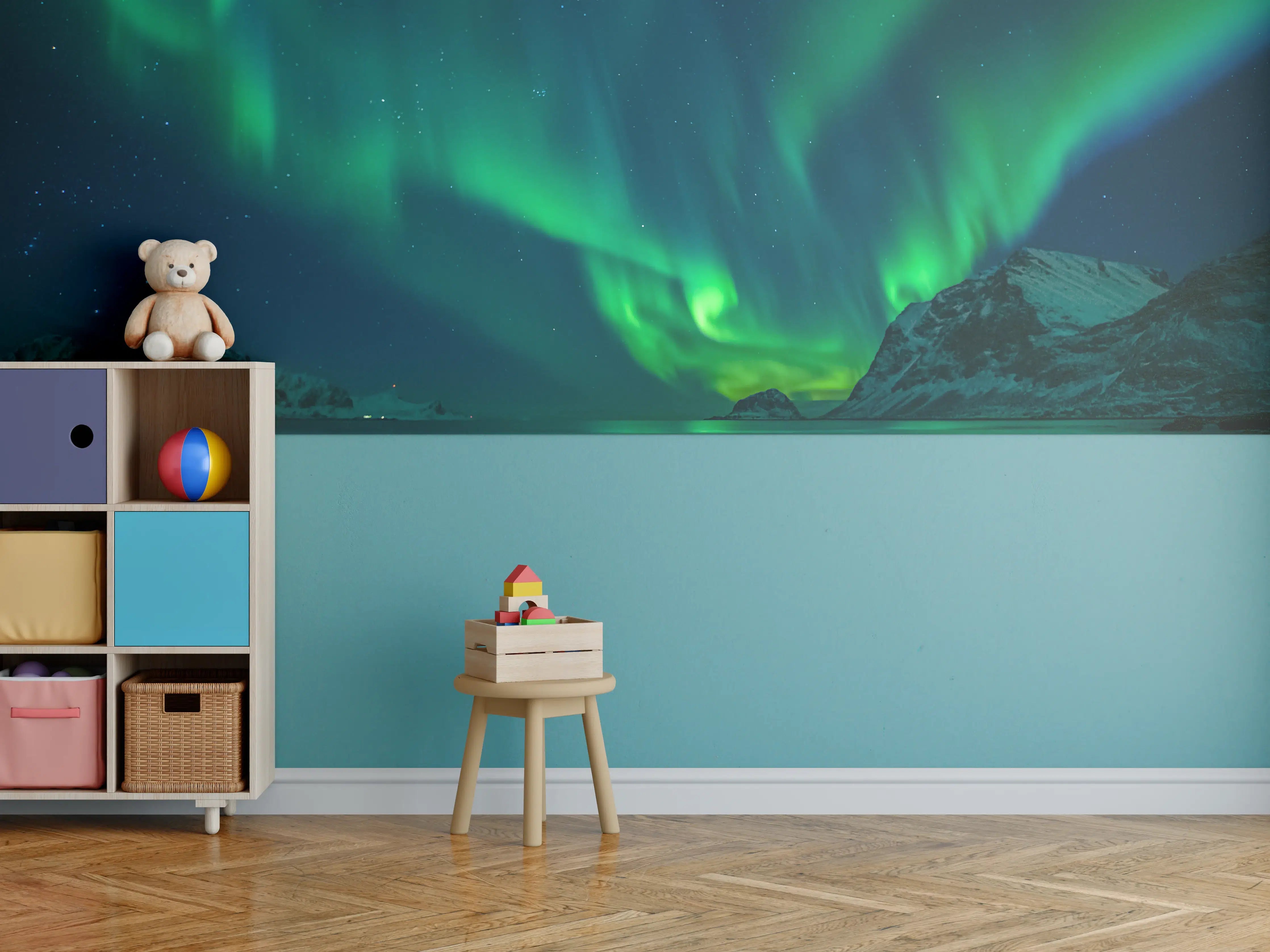 Kinderzimmer Wandgestaltung - Magische Nordlichter am Strand