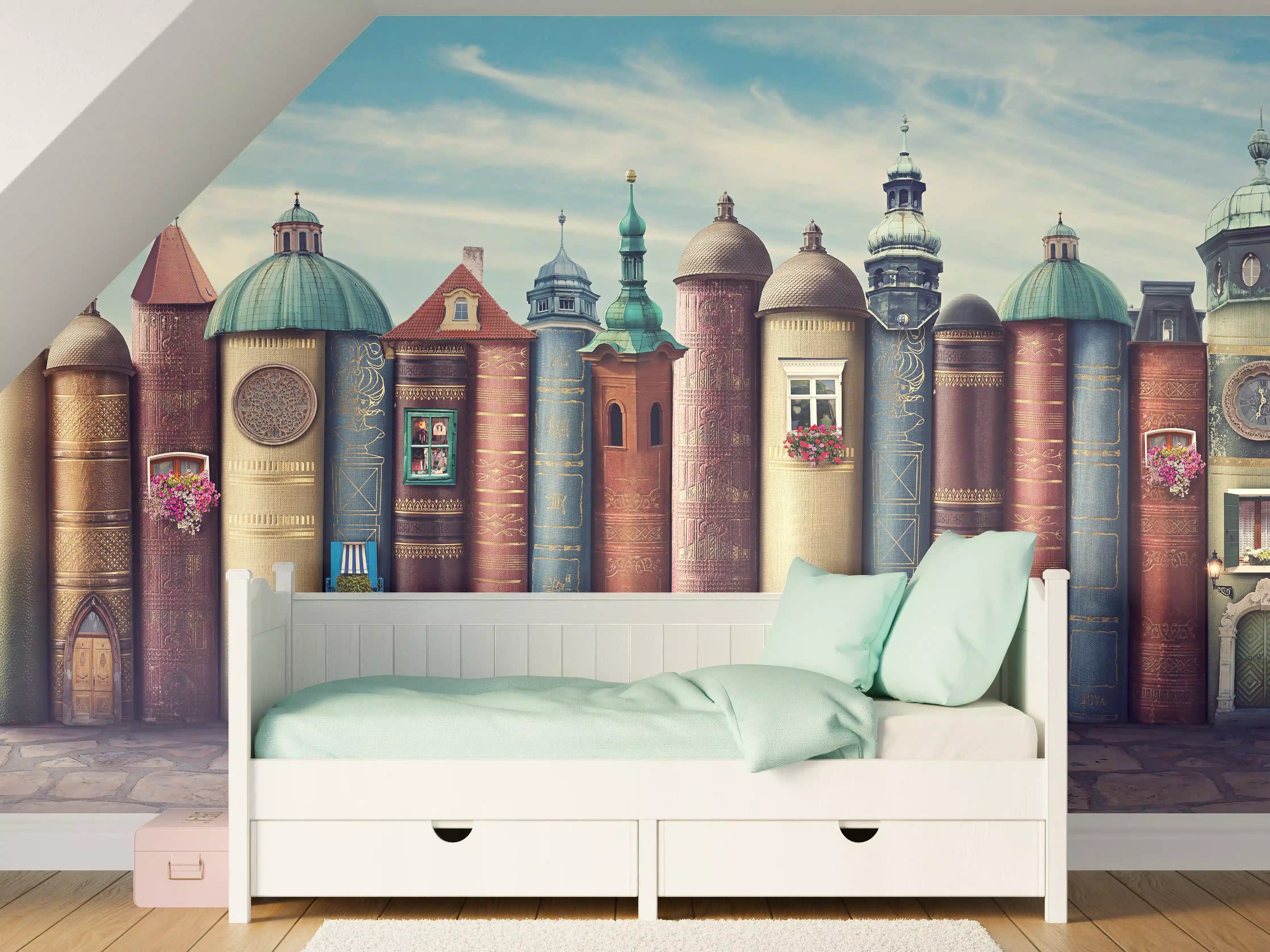 Kinderzimmer Wandgestaltung - Magische Stadt aus Büchern