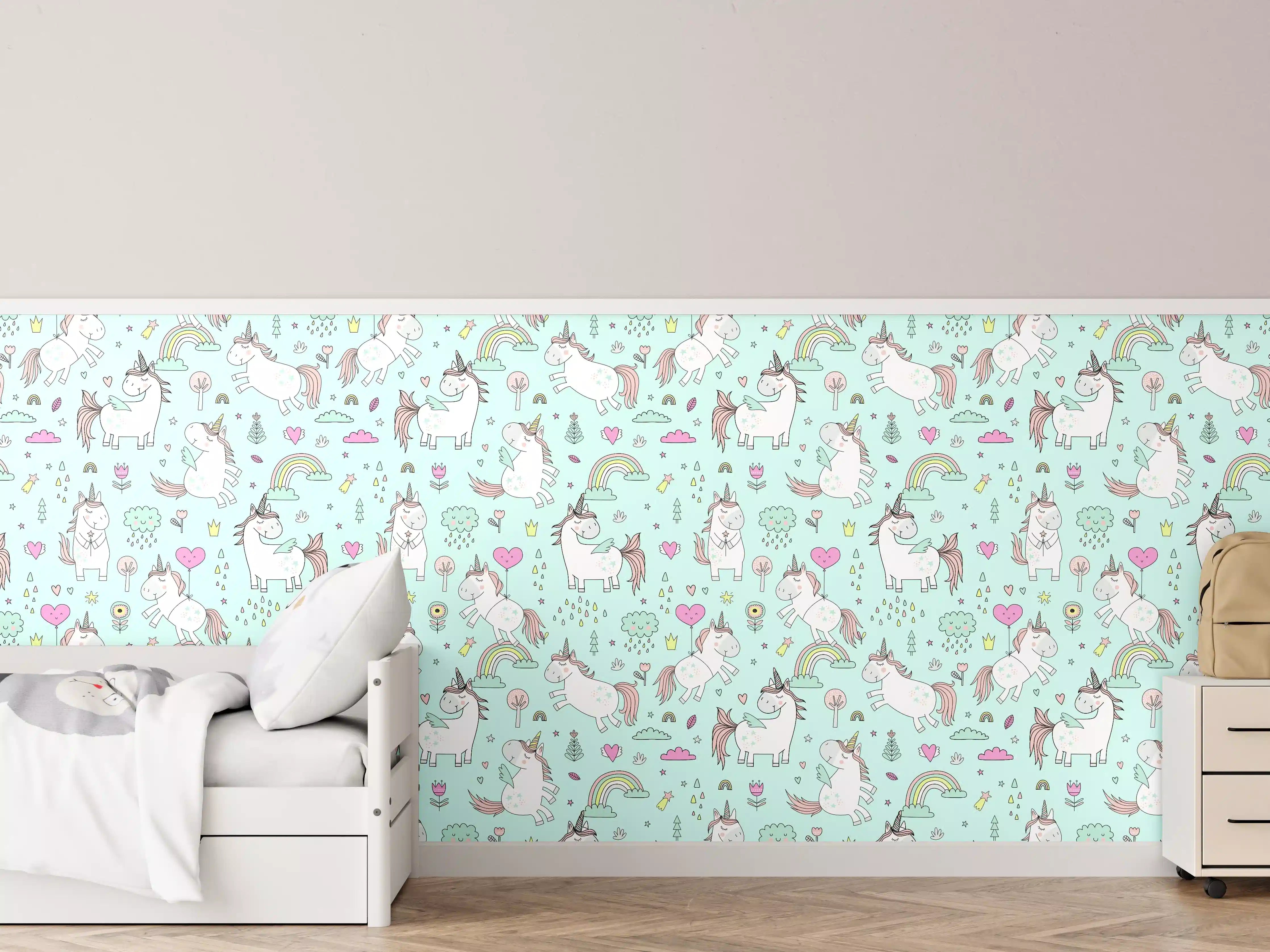 Kinderzimmer Wandgestaltung - Magischer Einhorn-Druck in Pastellfarben