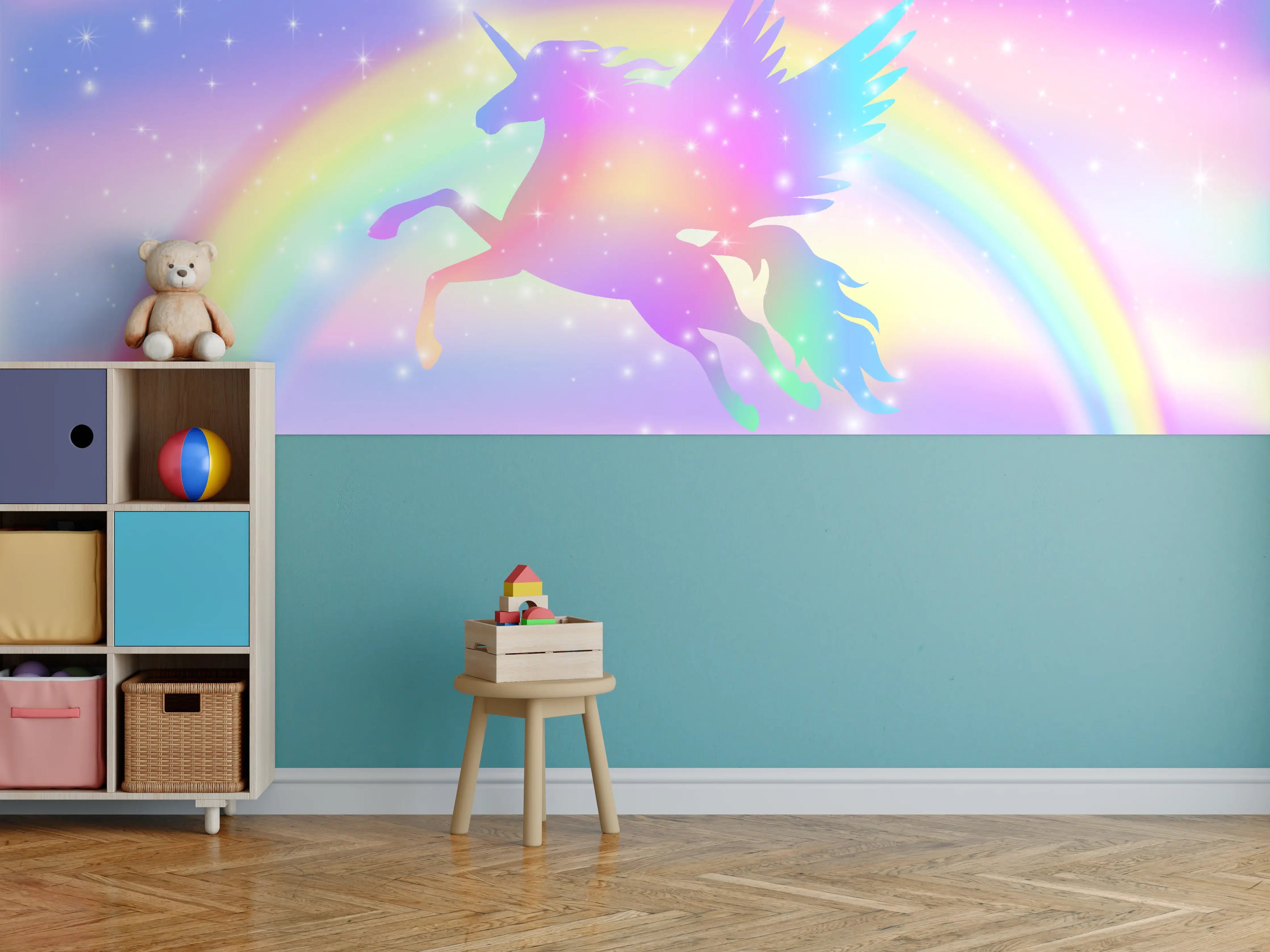 Kinderzimmer Wandgestaltung - Magischer Einhorn-Himmel mit Regenbogen
