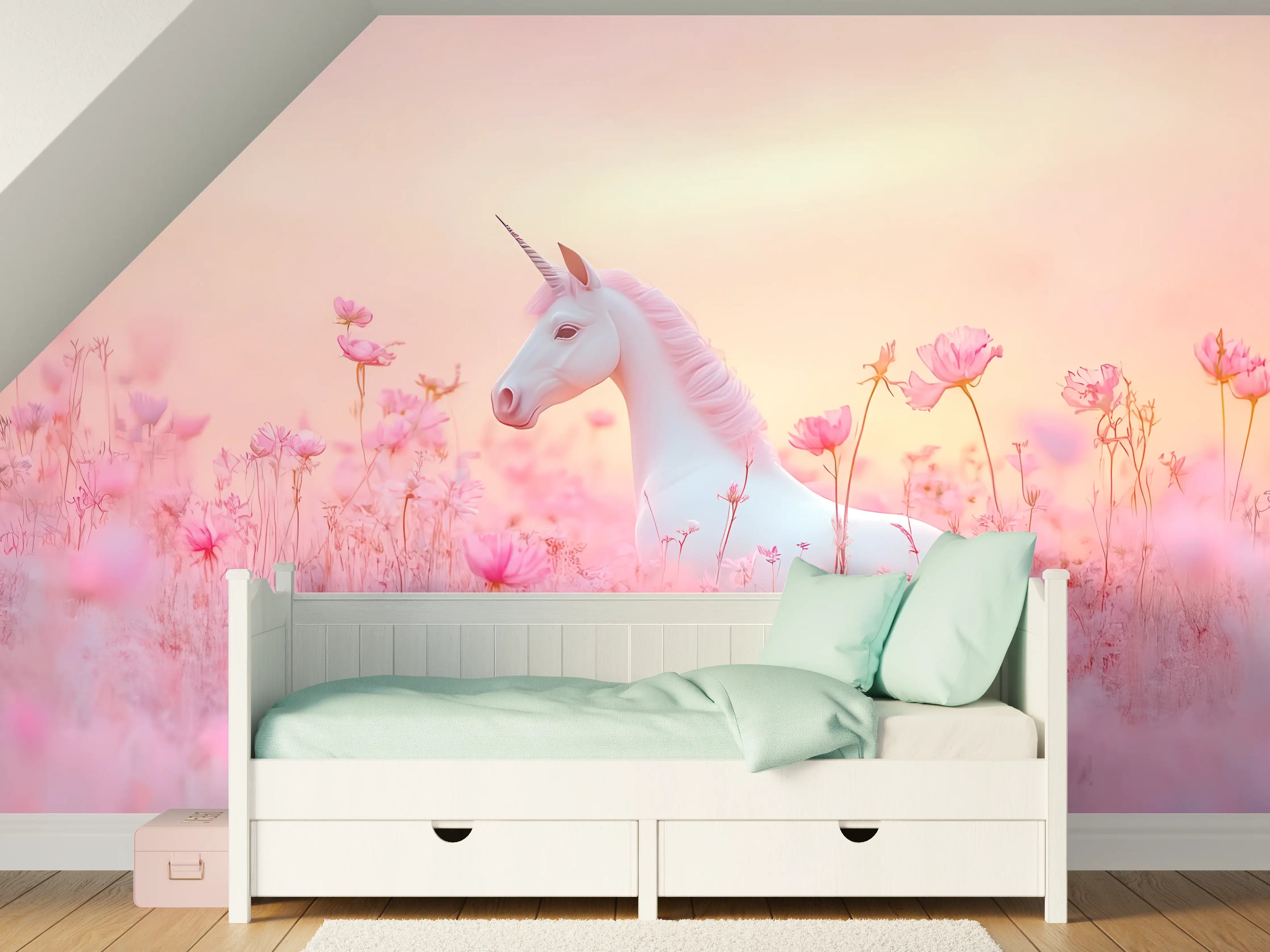 Kinderzimmer Wandgestaltung - Magischer Einhorn-Moment in zartem Rosa
