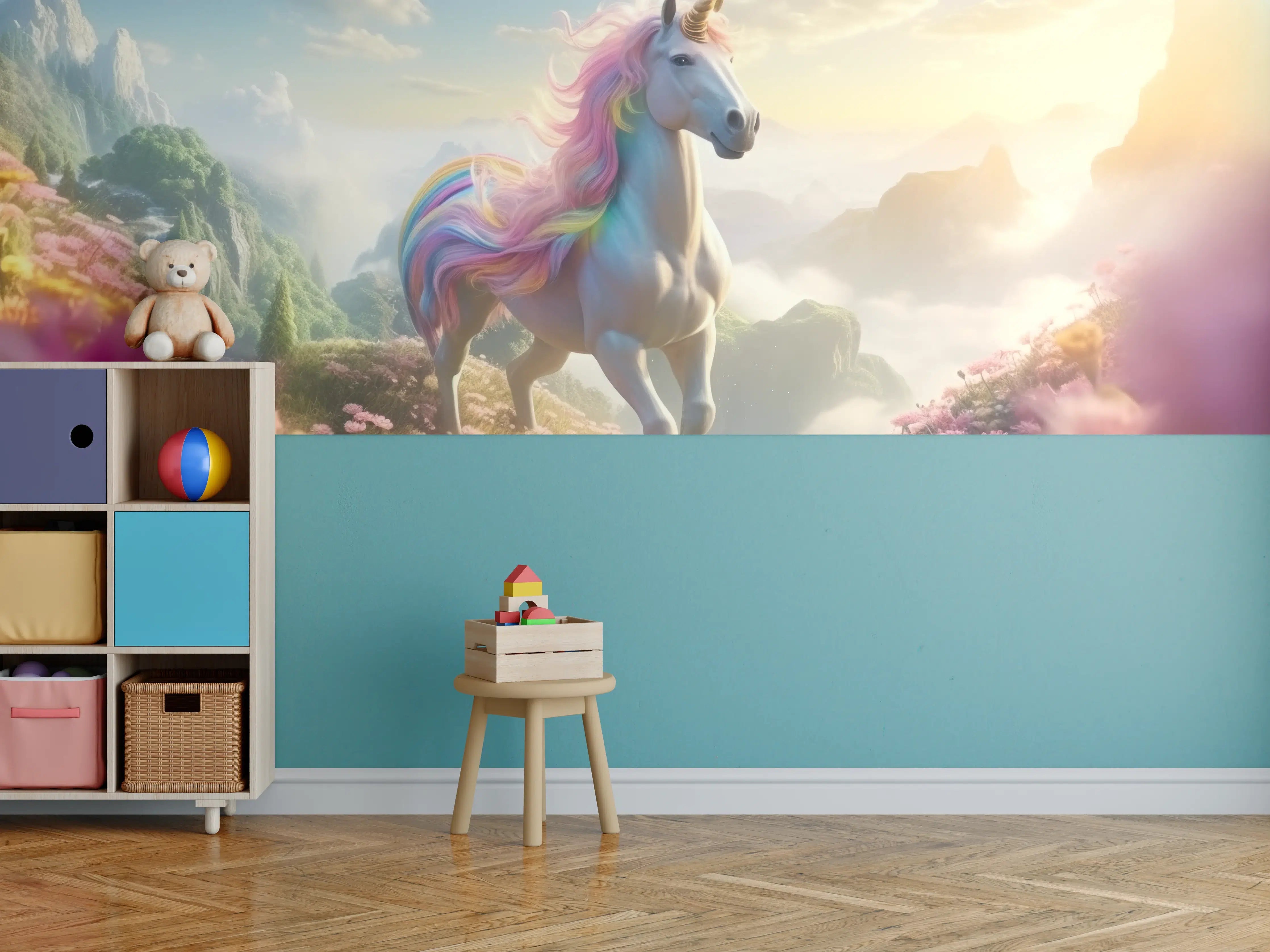 Kinderzimmer Wandgestaltung - Magischer Einhorntraum in blühender Landschaft