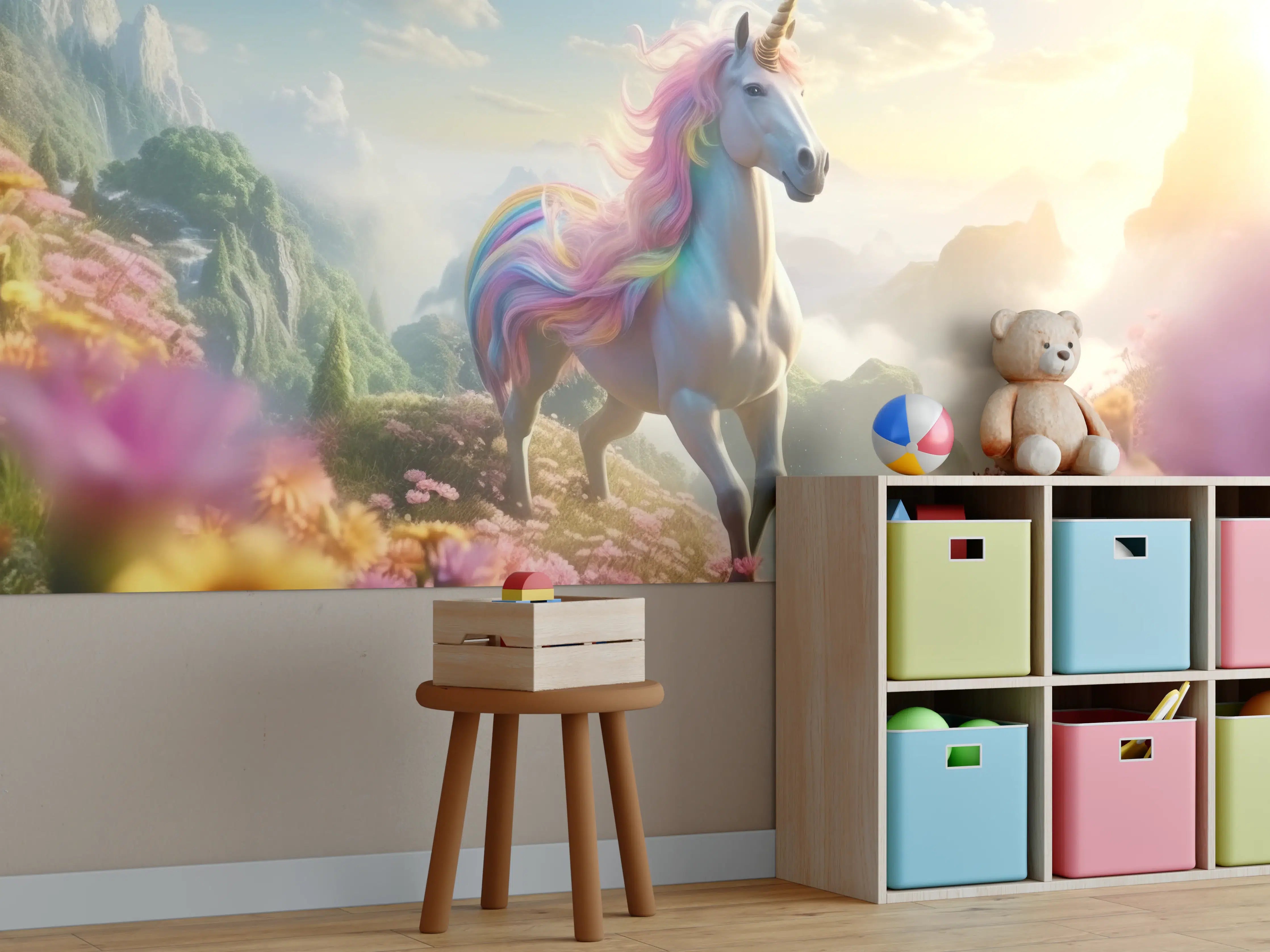 Kinderzimmer Wandgestaltung - Magischer Einhorntraum in blühender Landschaft