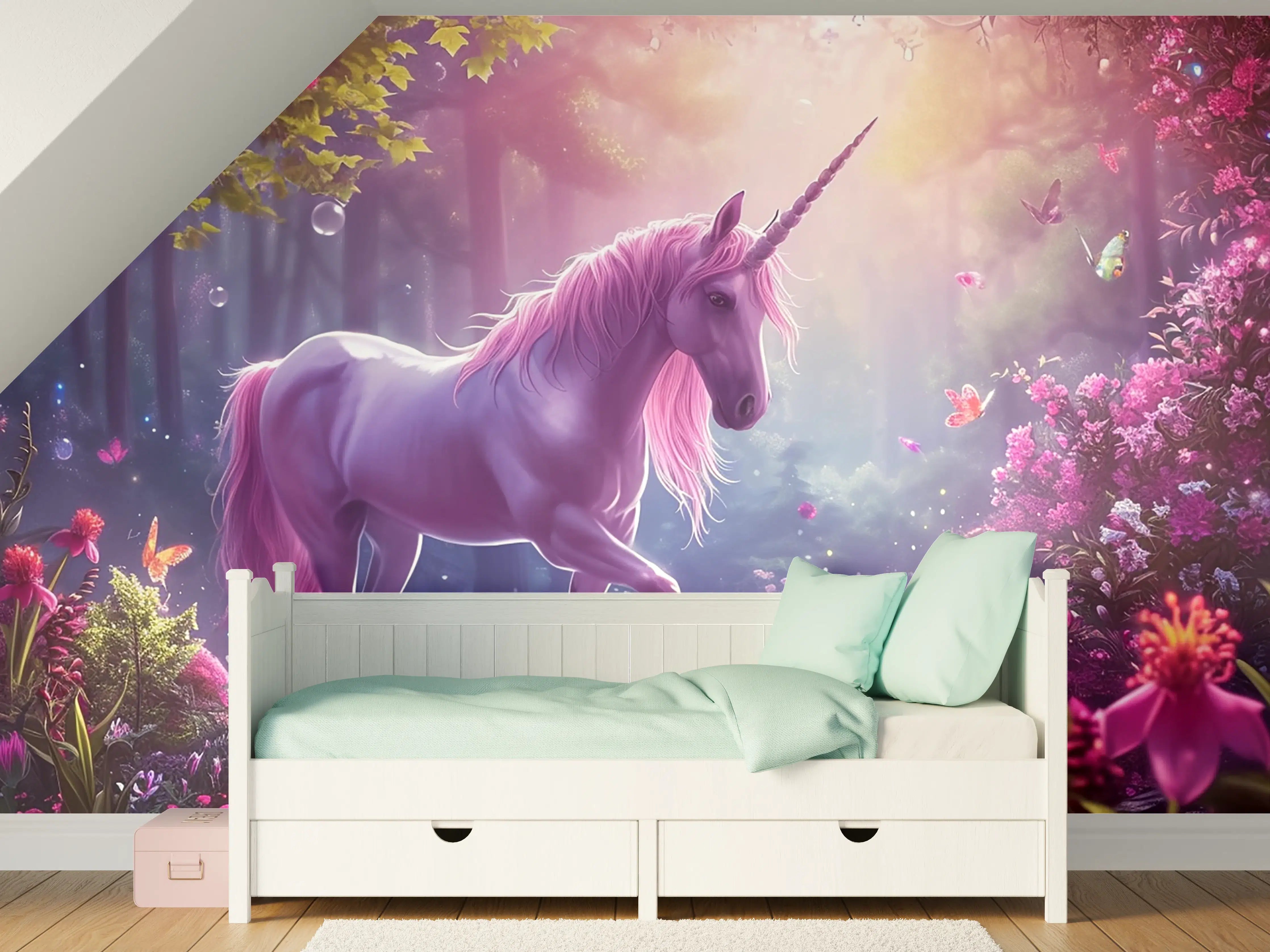 Kinderzimmer Wandgestaltung - Magischer Einhornwald mit bunten Schmetterlingen