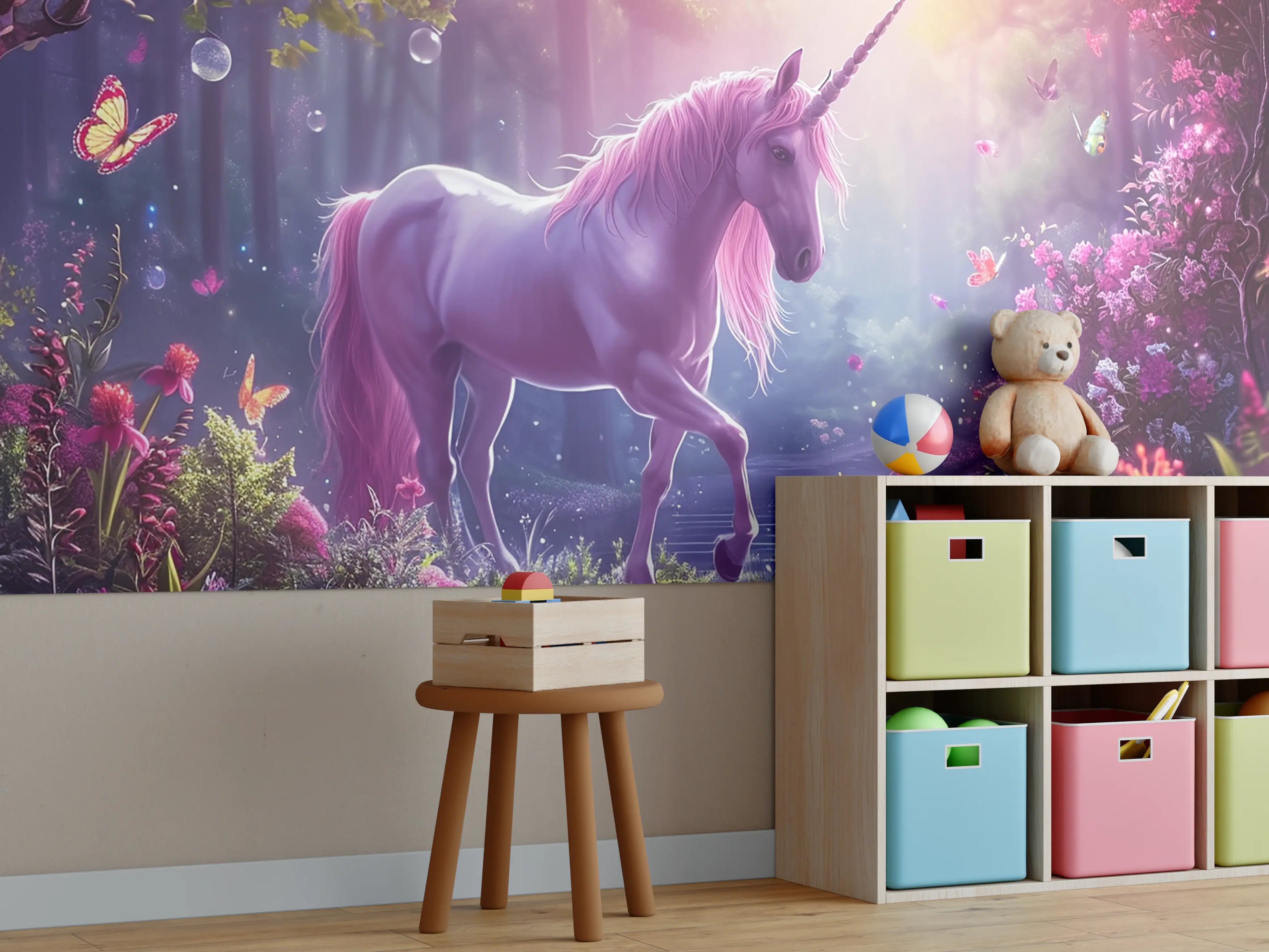 Kinderzimmer Wandgestaltung - Magischer Einhornwald mit bunten Schmetterlingen