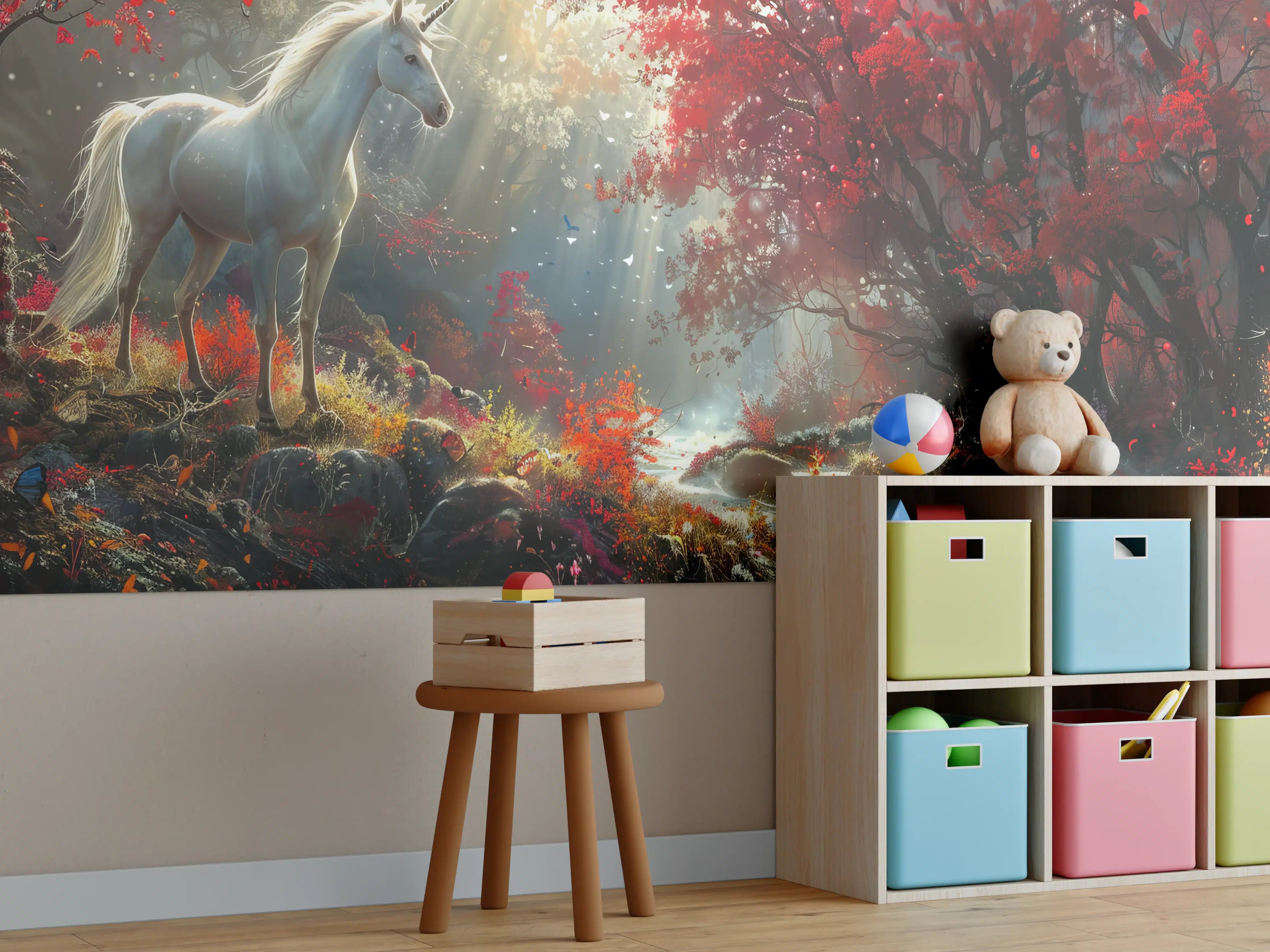 Kinderzimmer Wandgestaltung - Magischer Wald mit schimmerndem Einhorn