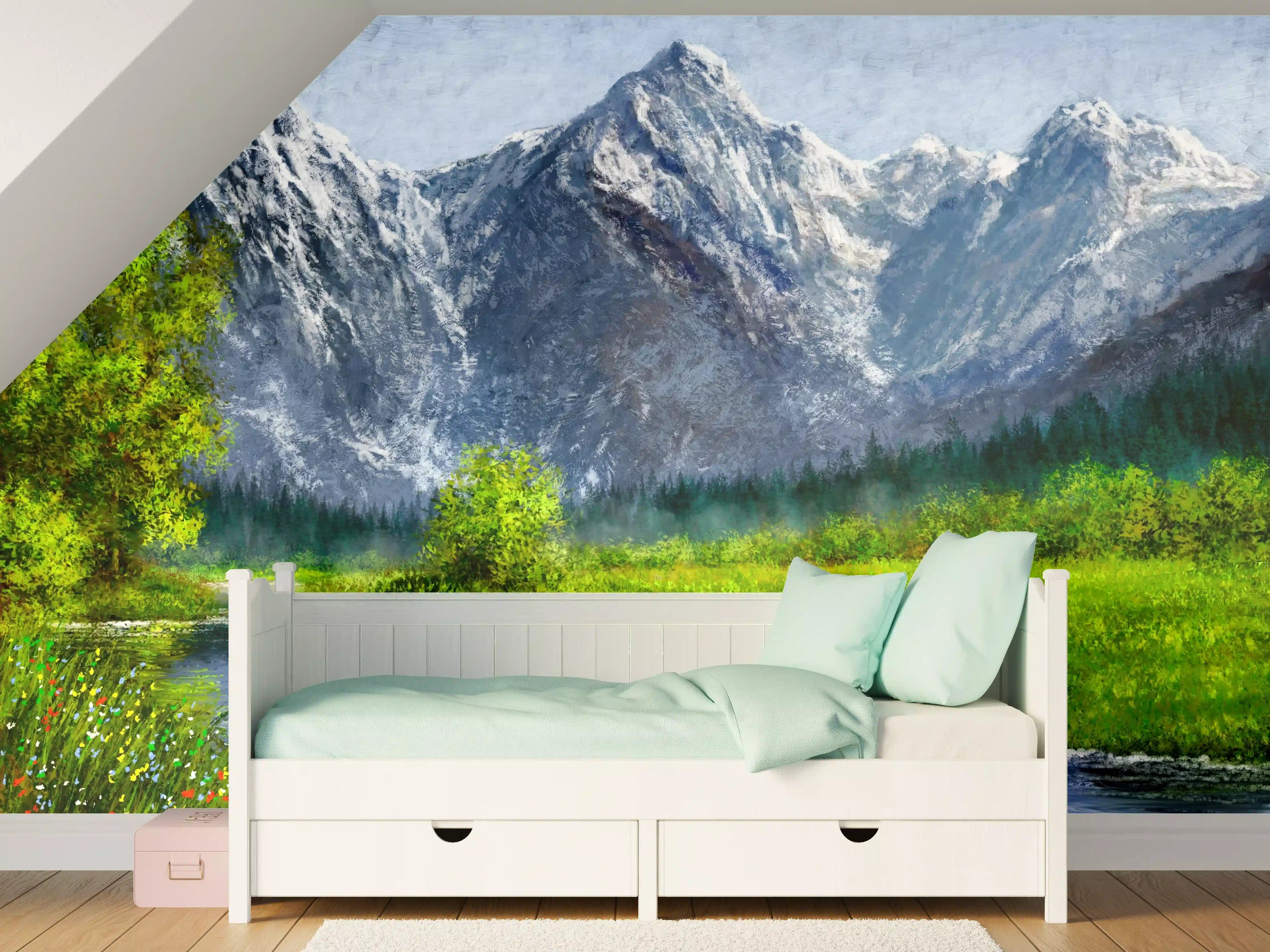Kinderzimmer Wandgestaltung - Majestätische Bergwelt mit Fluss und Frühlingsgrün