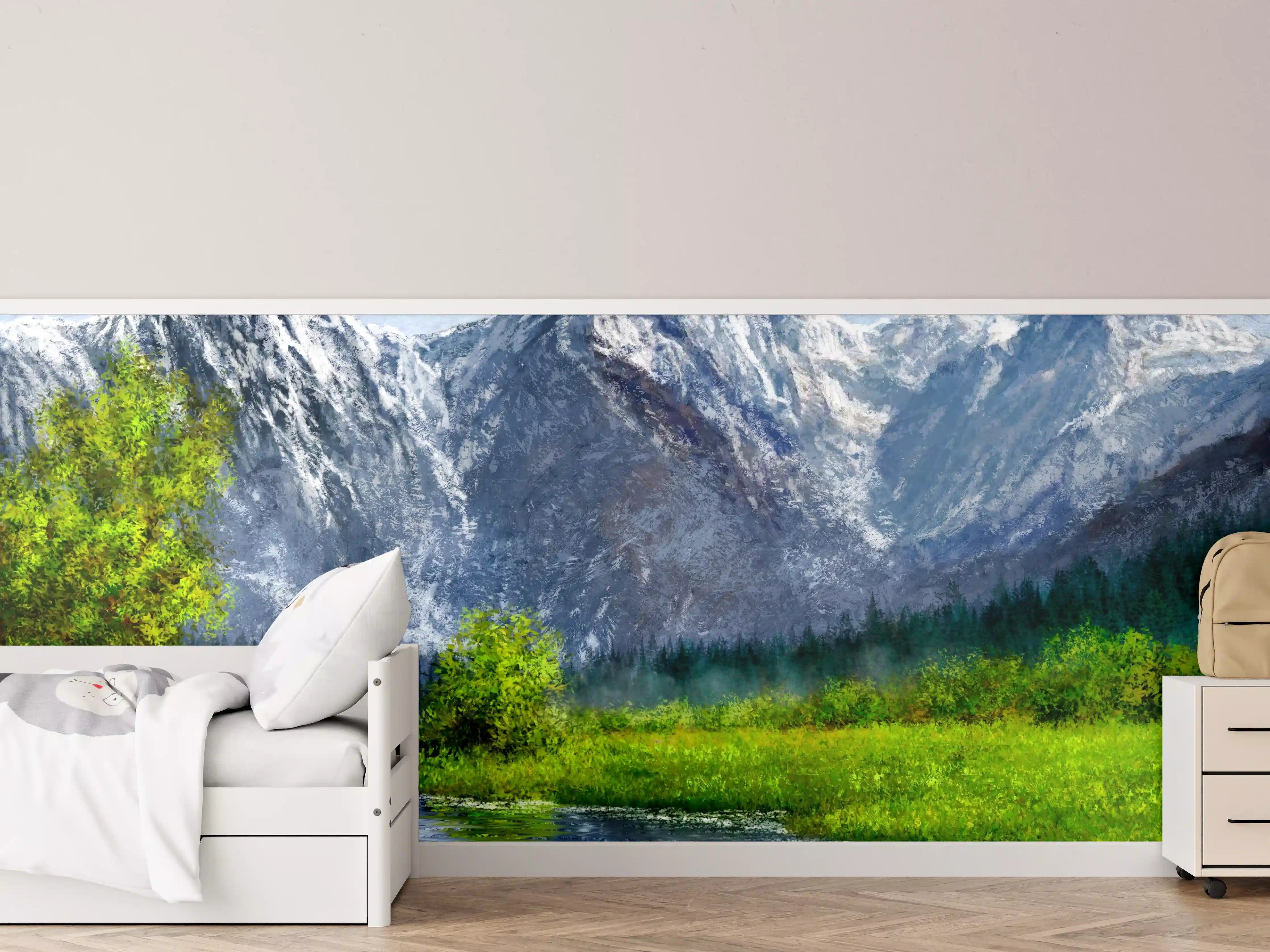 Kinderzimmer Wandgestaltung - Majestätische Bergwelt mit Fluss und Frühlingsgrün