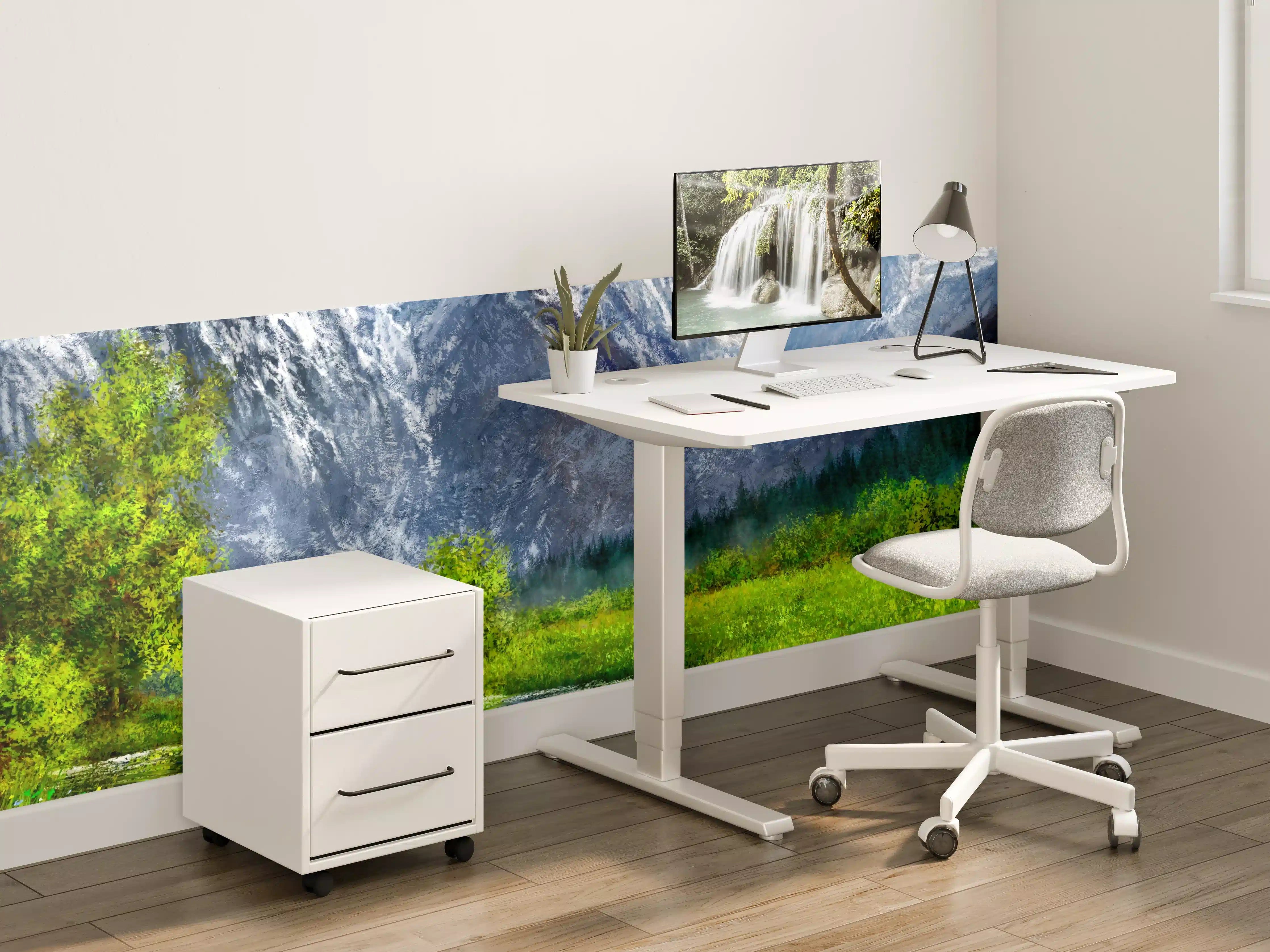 Kinderzimmer Wandgestaltung - Majestätische Bergwelt mit Fluss und Frühlingsgrün