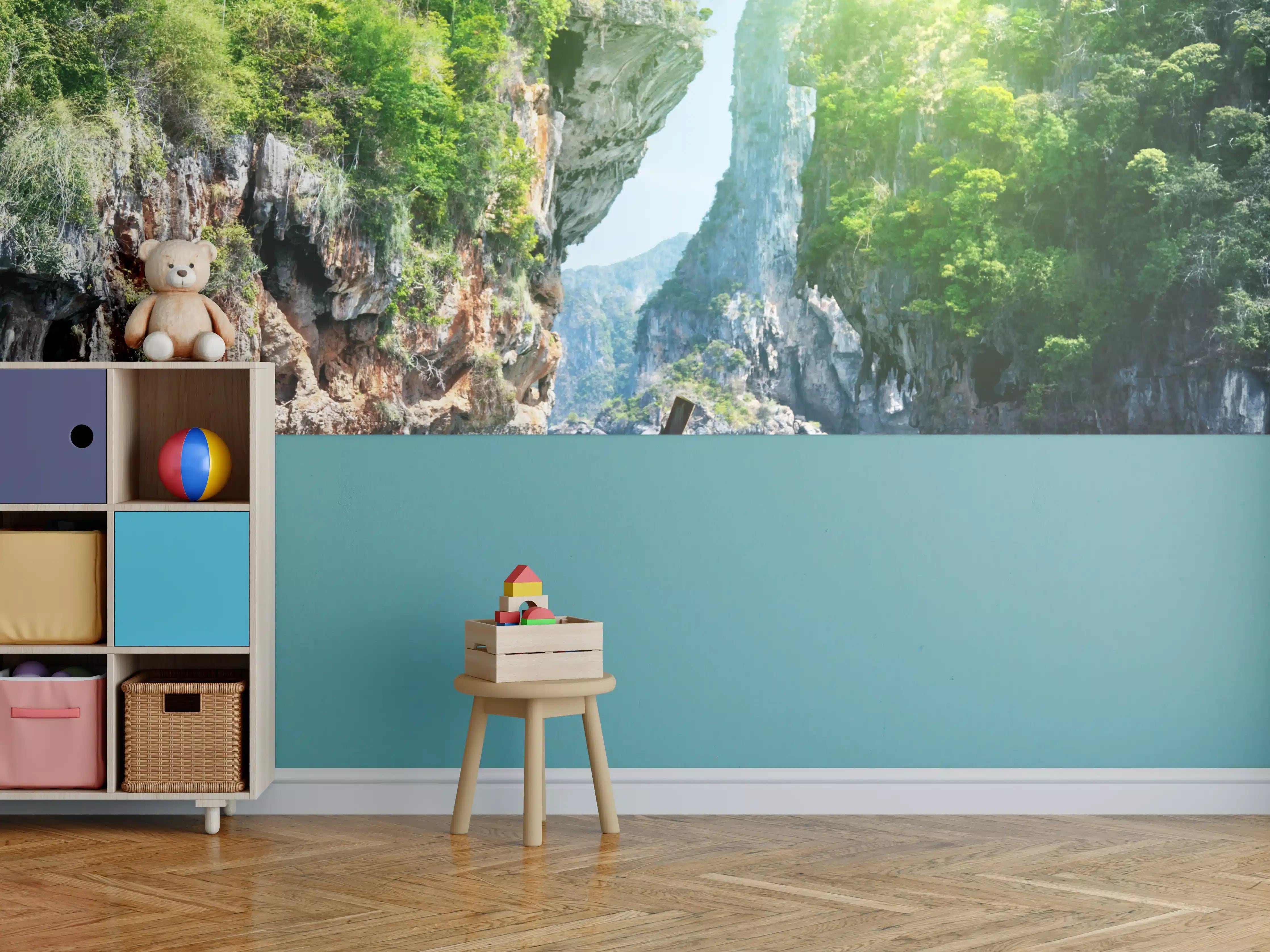 Kinderzimmer Wandgestaltung - Majestätische Seenlandschaft mit Boot