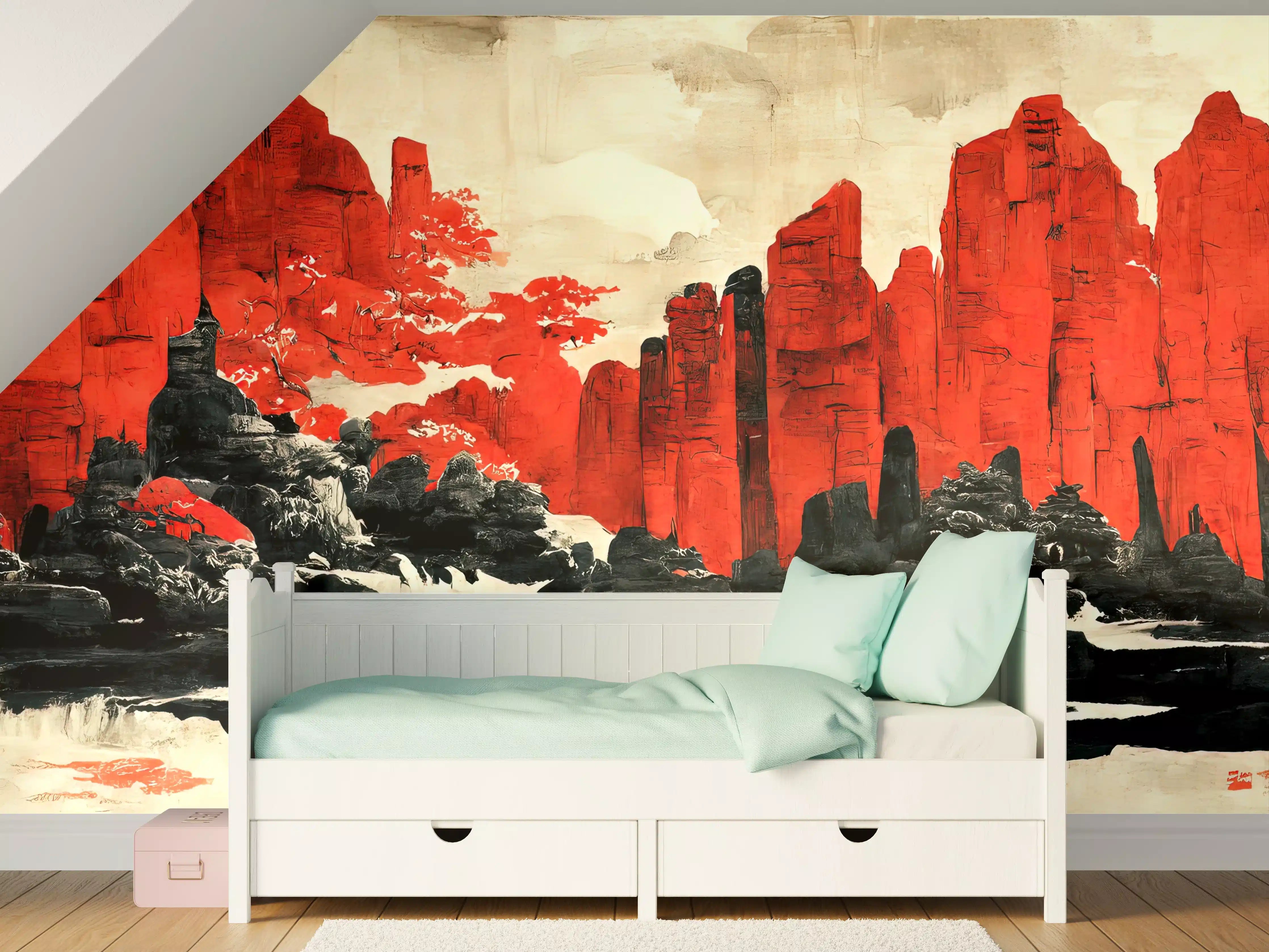 Kinderzimmer Wandgestaltung - Majestätische rote Berglandschaft mit Wasserreflexion