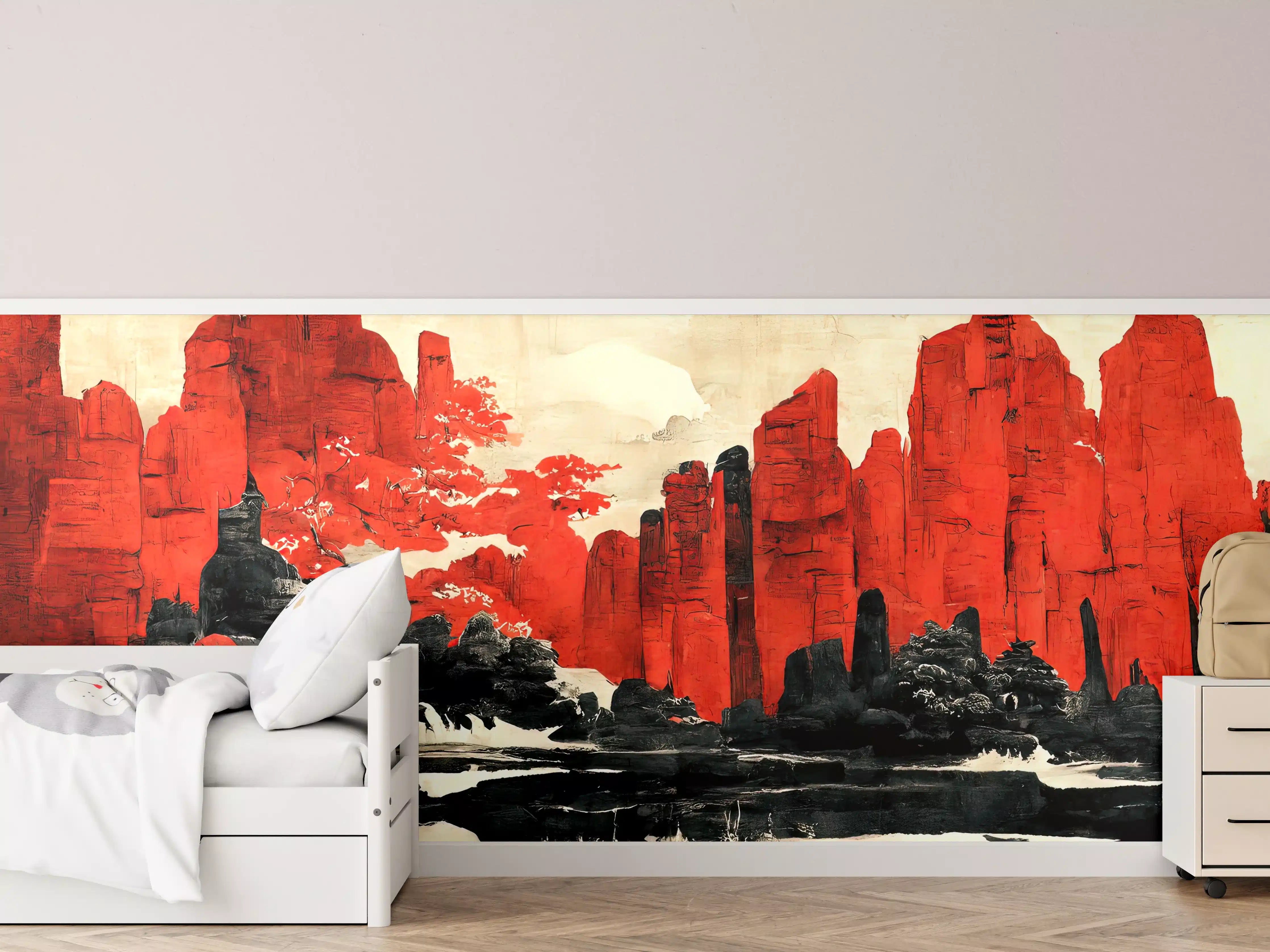 Kinderzimmer Wandgestaltung - Majestätische rote Berglandschaft mit Wasserreflexion
