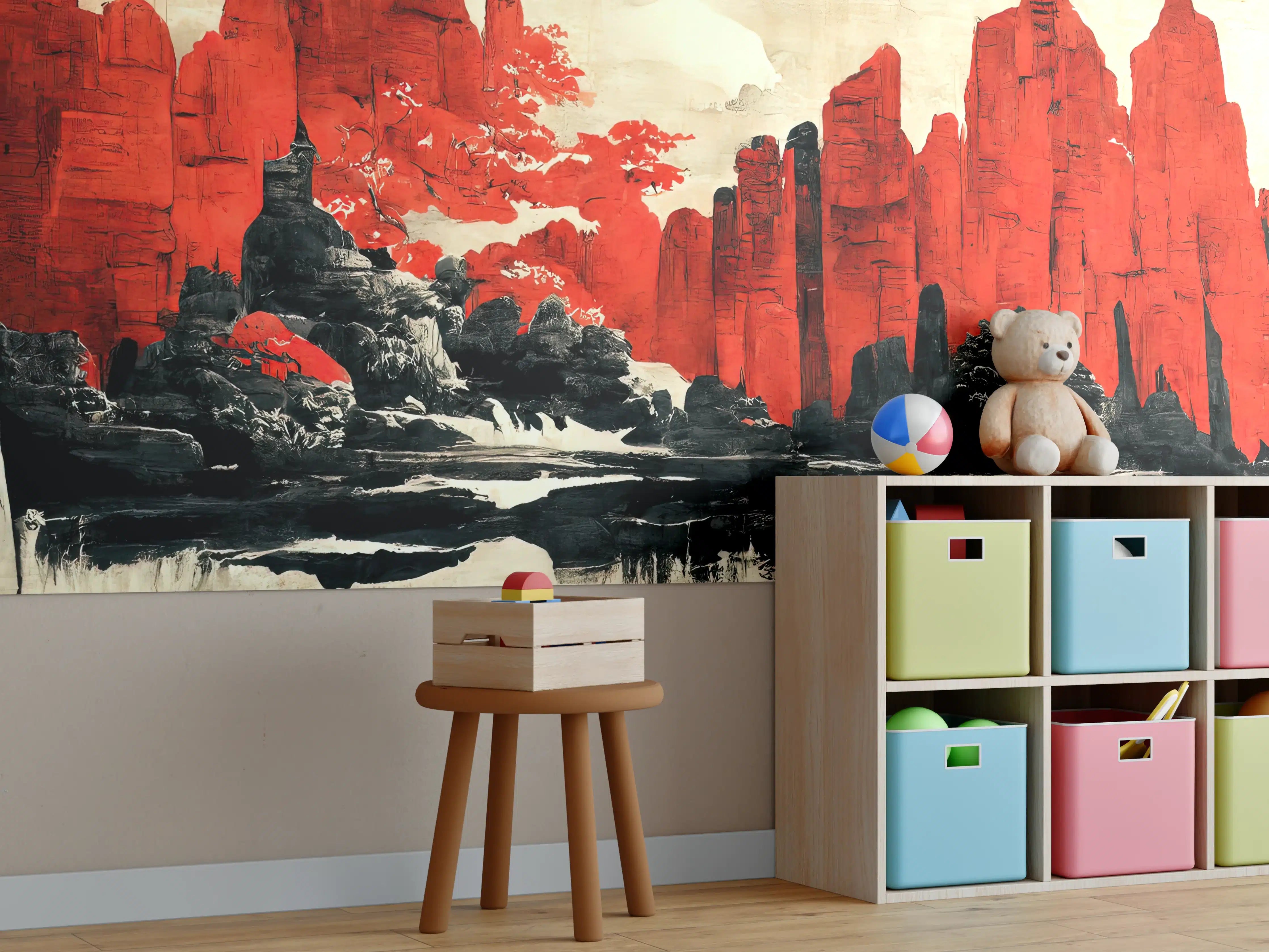 Kinderzimmer Wandgestaltung - Majestätische rote Berglandschaft mit Wasserreflexion