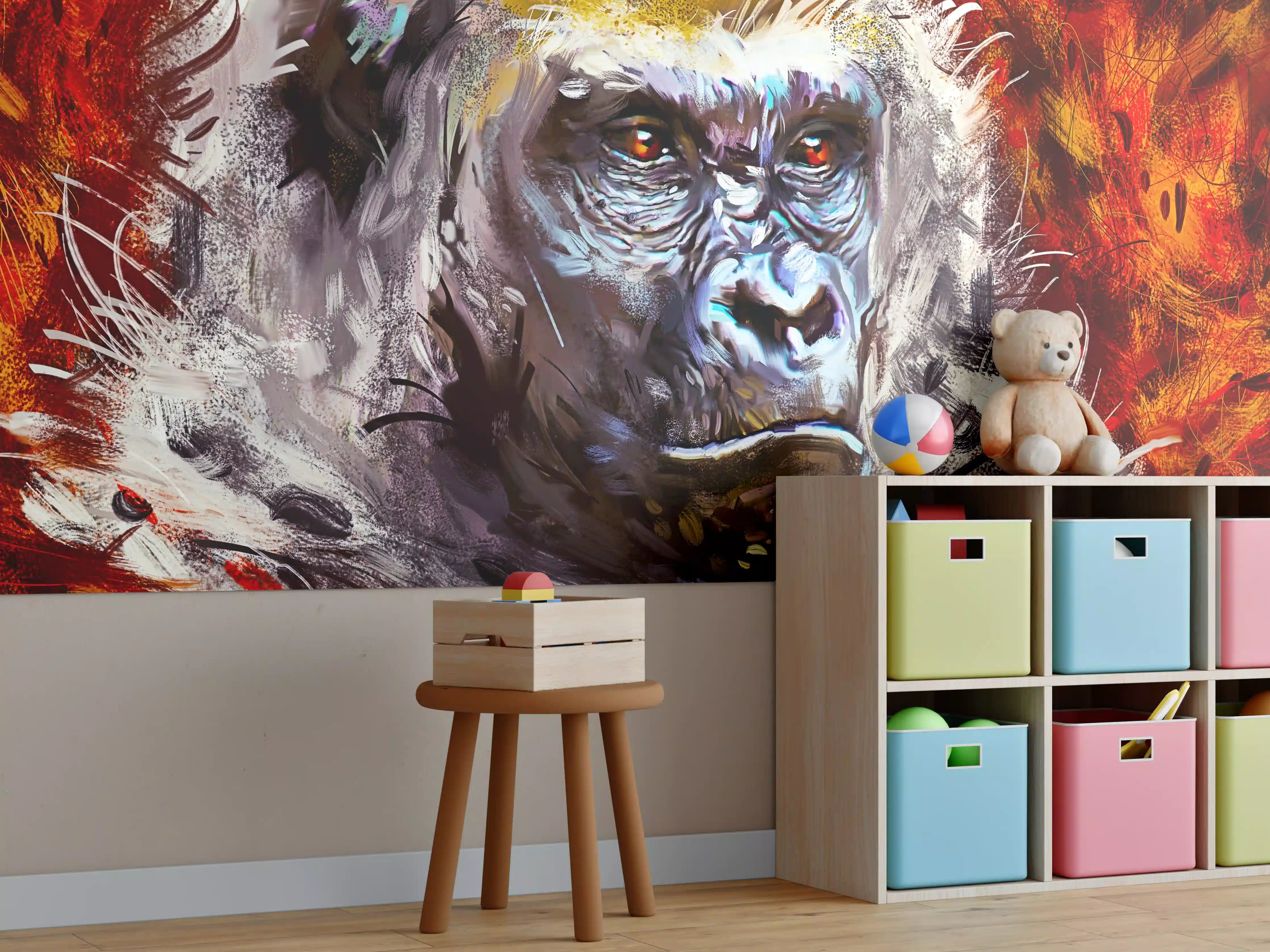 Kinderzimmer Wandgestaltung - Majestätischer Gorilla in lebendigen Farben