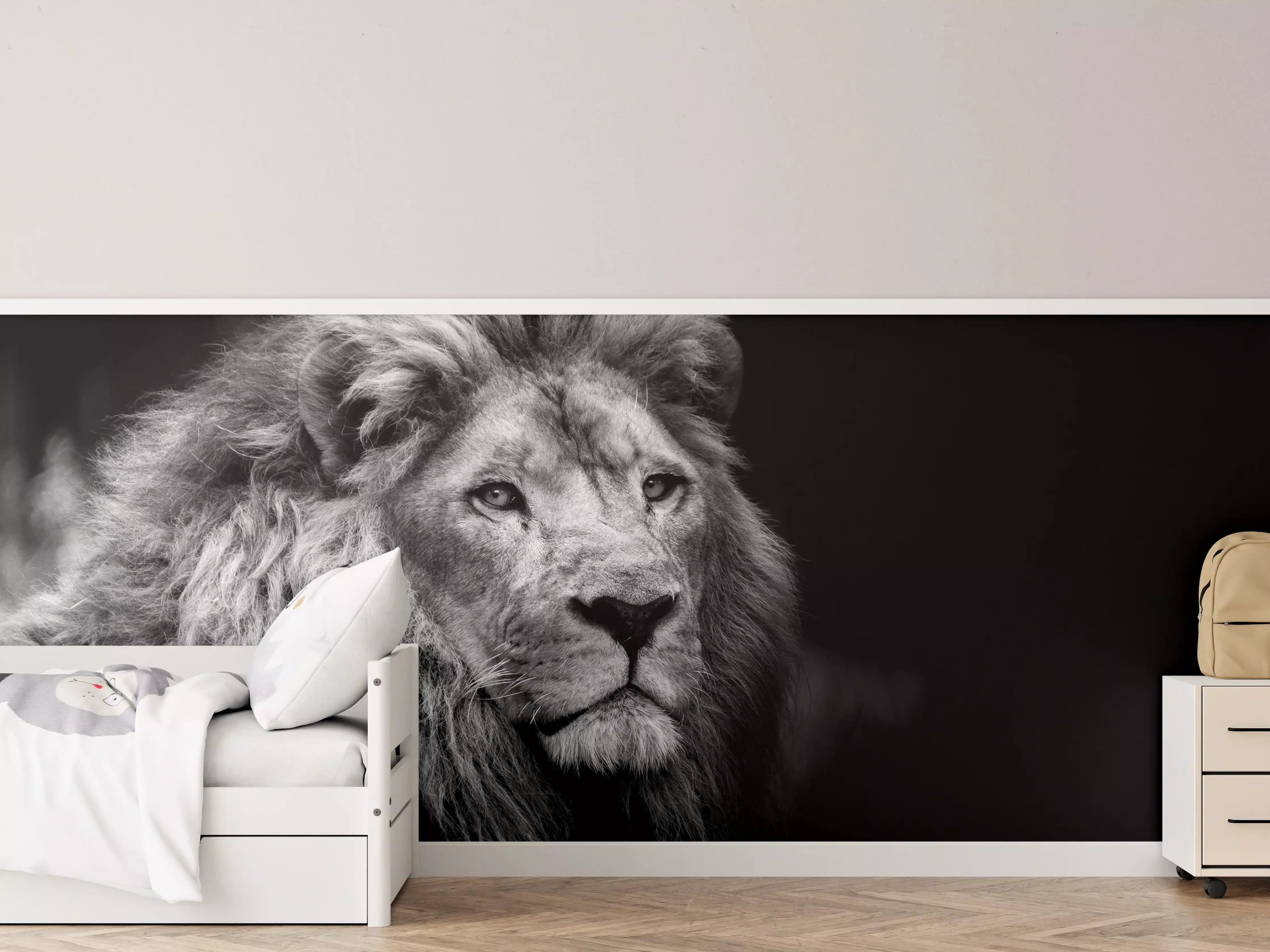 Kinderzimmer Wandgestaltung - Majestätischer Löwe in Schwarz-Weiß