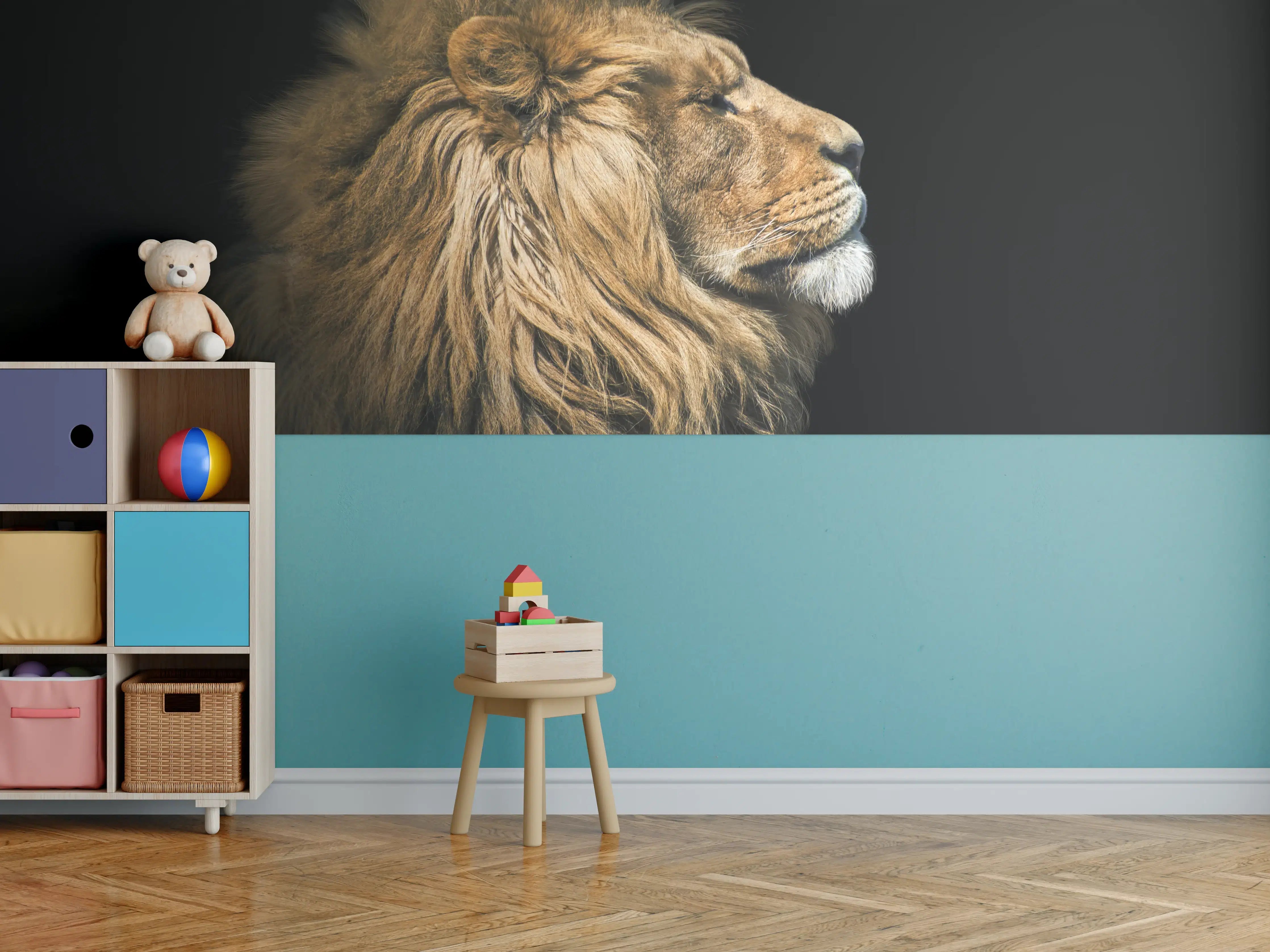 Kinderzimmer Wandgestaltung - Majestätischer Löwe in Schwarz und Gold
