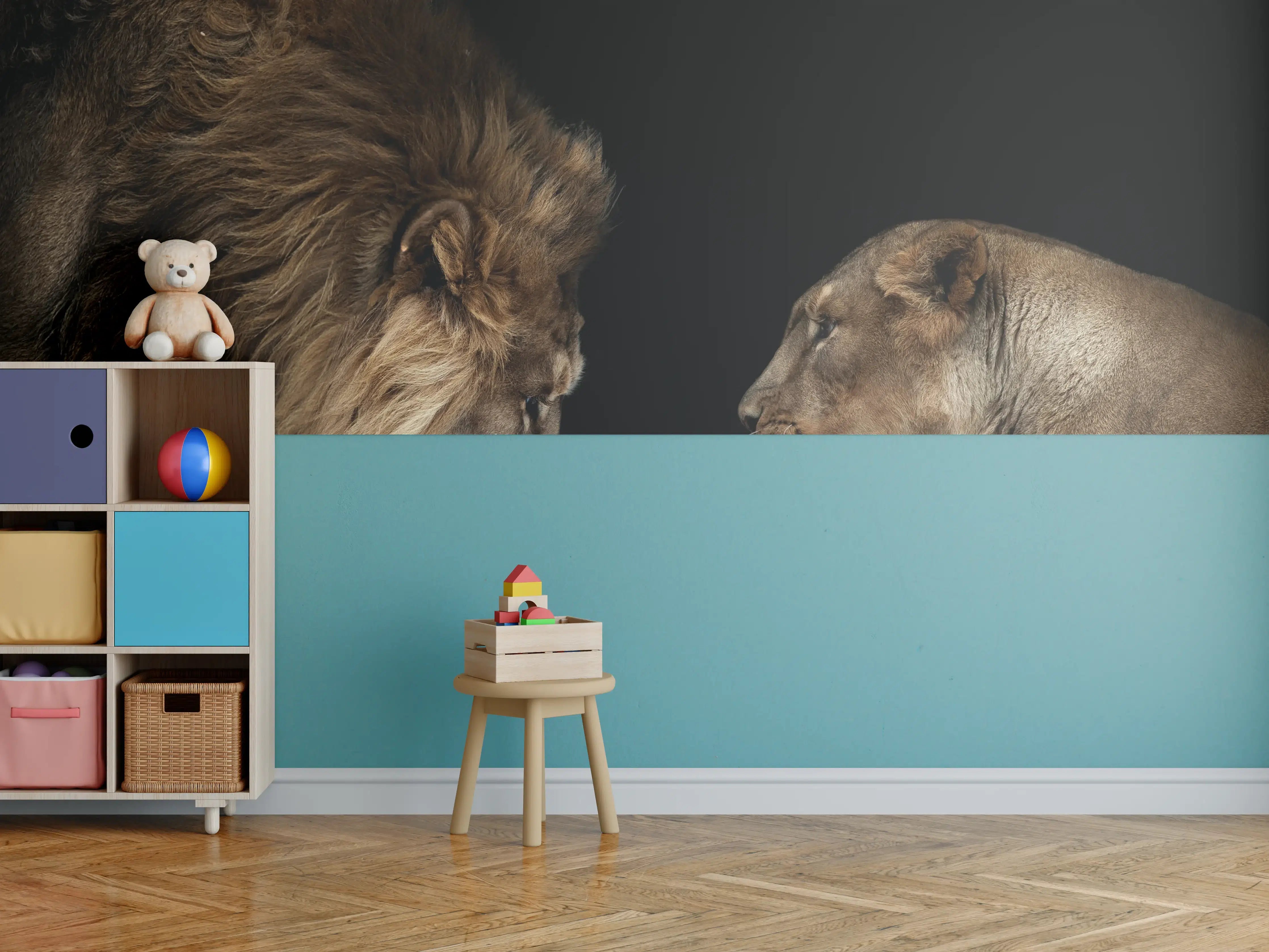 Kinderzimmer Wandgestaltung - Majestätischer Löwe und elegante Löwin im schwarzen Hintergrund