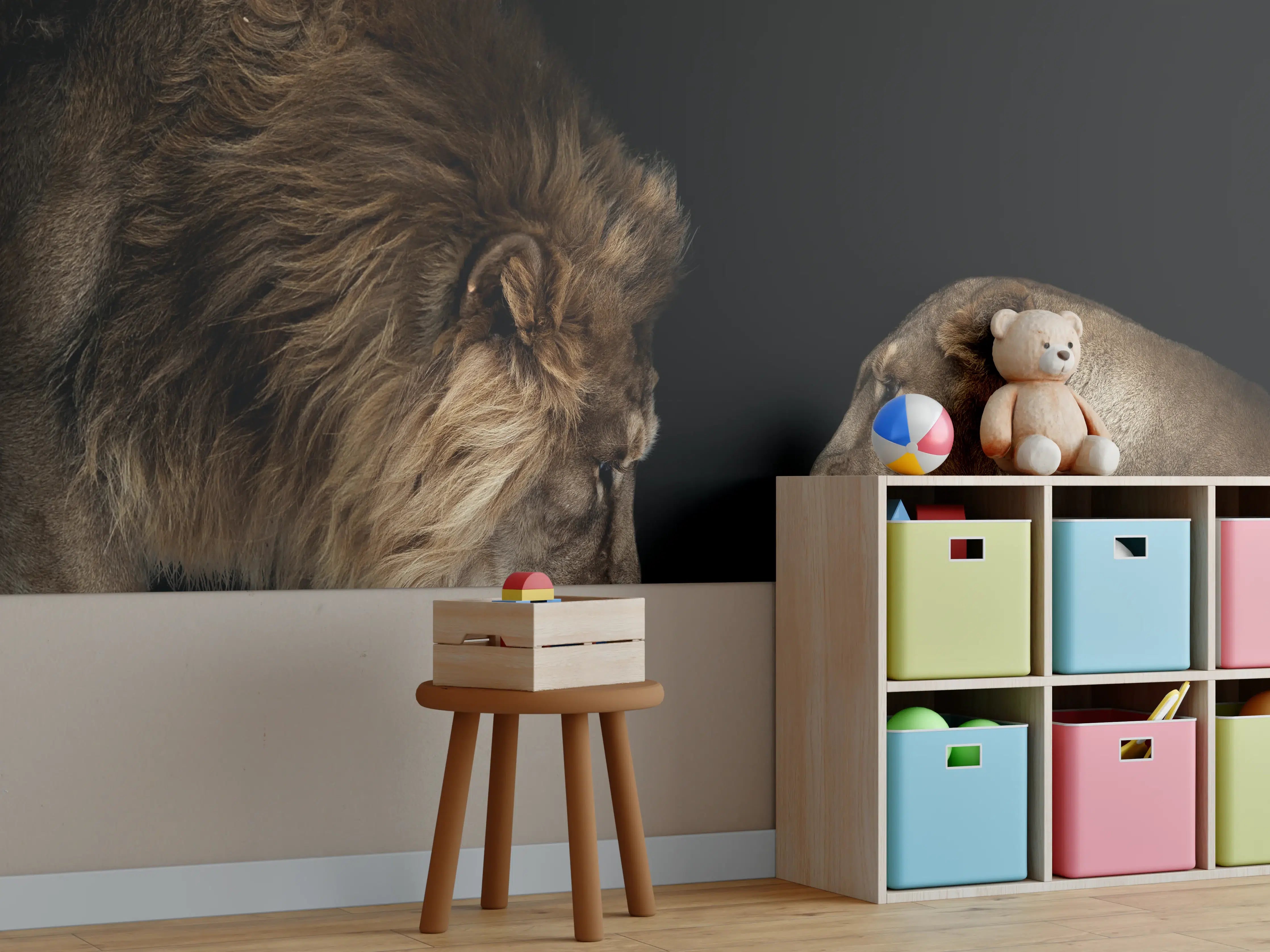 Kinderzimmer Wandgestaltung - Majestätischer Löwe und elegante Löwin im schwarzen Hintergrund