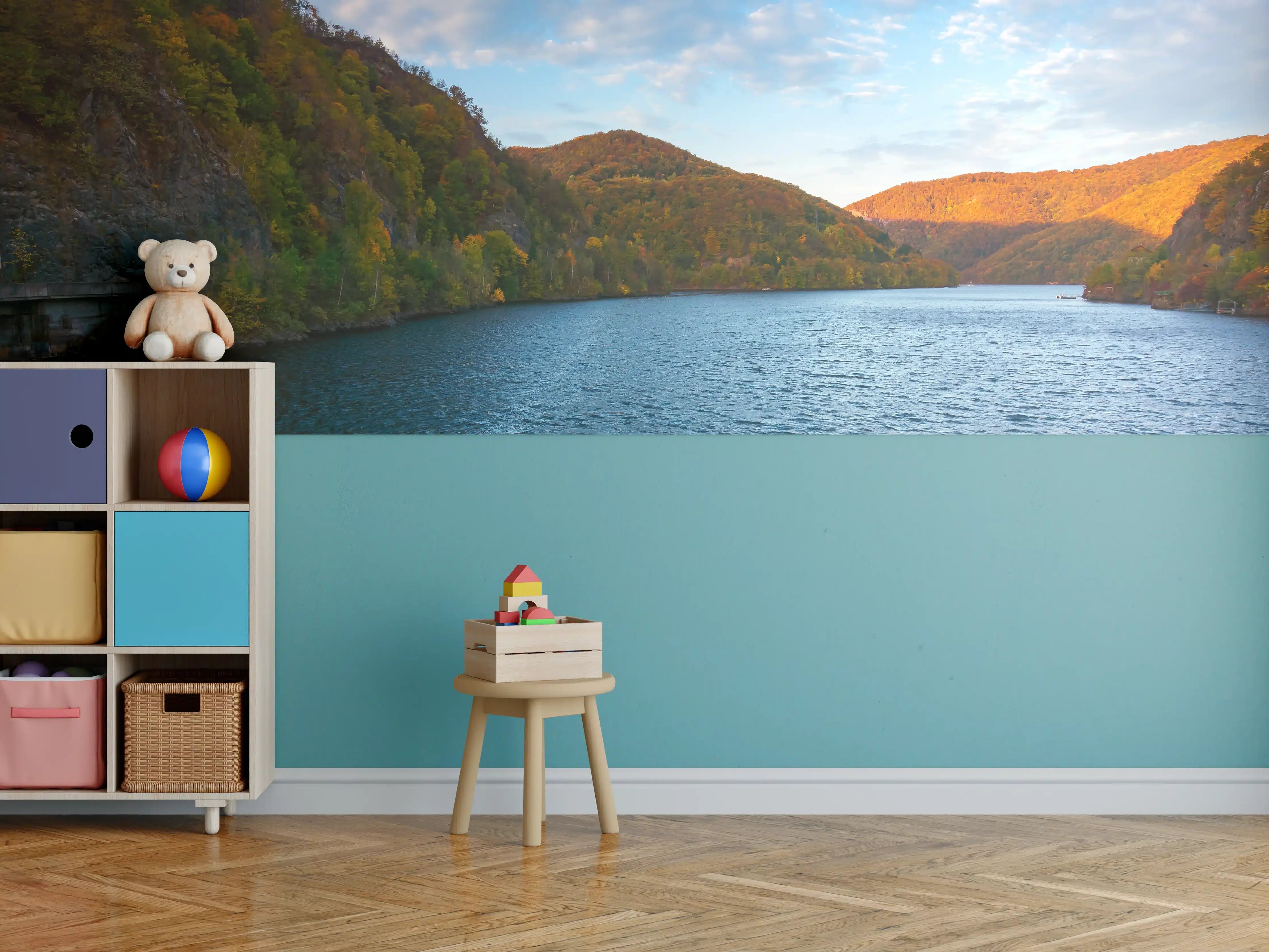 Kinderzimmer Wandgestaltung - Majestätischer See inmitten herbstlicher Berge